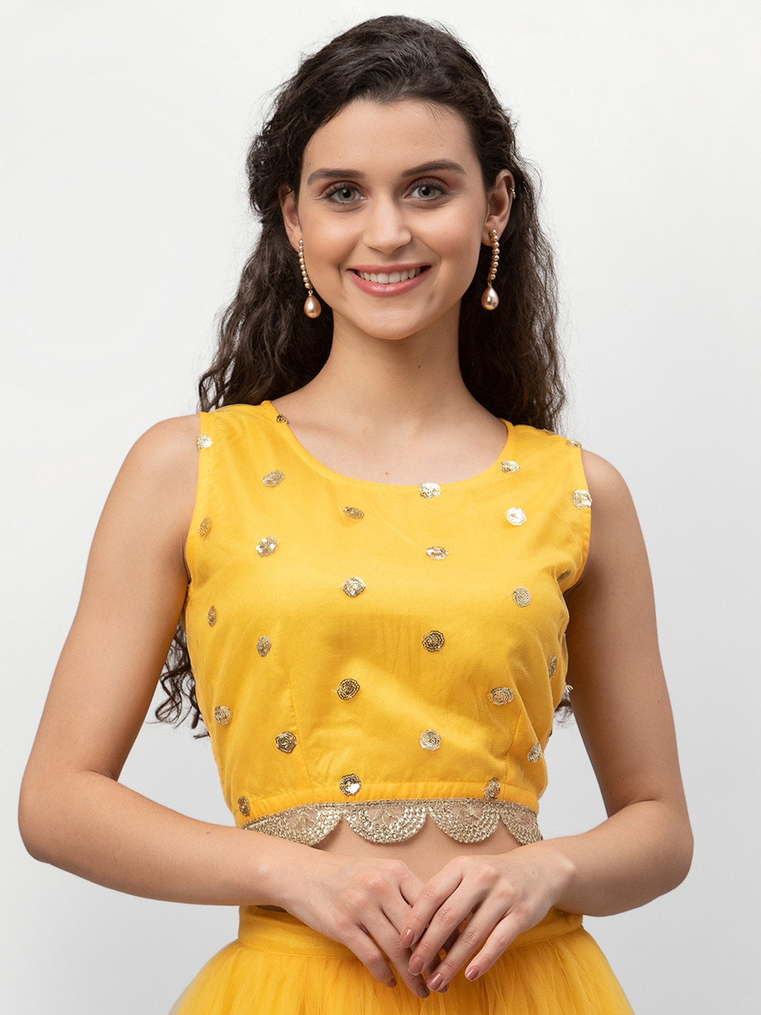Buy Studio Rasa Yellow & Gold Toned Embellished Net Regular Crop Top