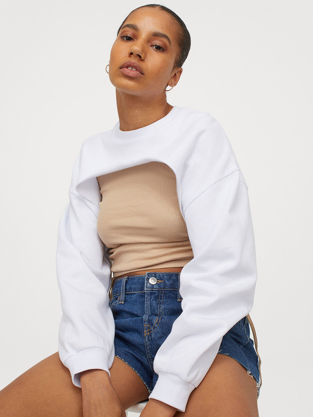 Buy H&M Women White Cropped Sweatshirt Sweatshirts for Women 14420732