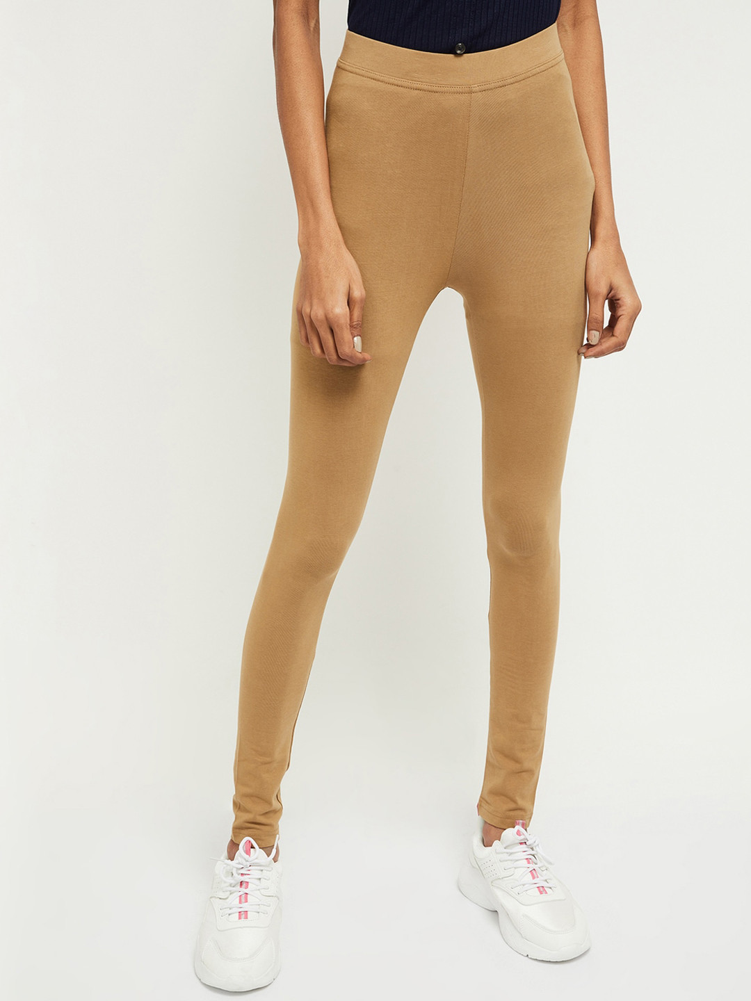 Buy Max Women Cream Coloured Solid Ankle Length Leggings - Leggings for ...