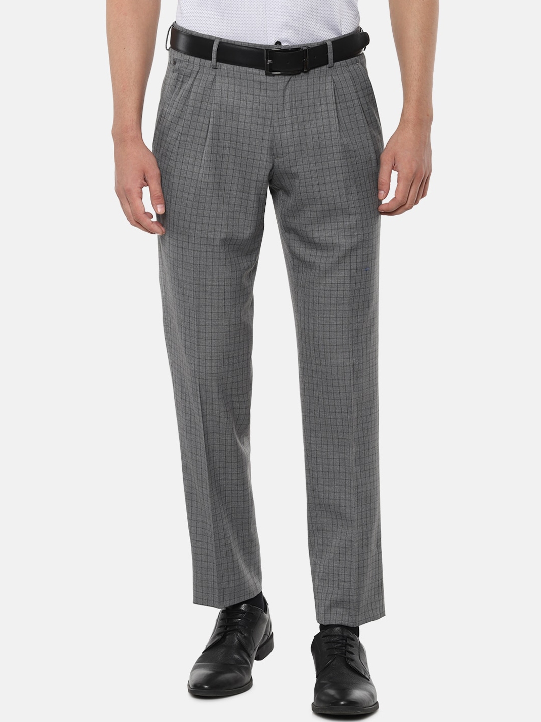 Buy Louis Philippe Men Grey Regular Fit Checked Formal Trousers ...