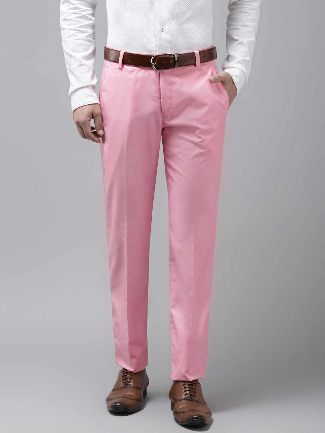 Buy Hangup Trend Men Pink Regular Fit Solid Formal Trousers - Trousers