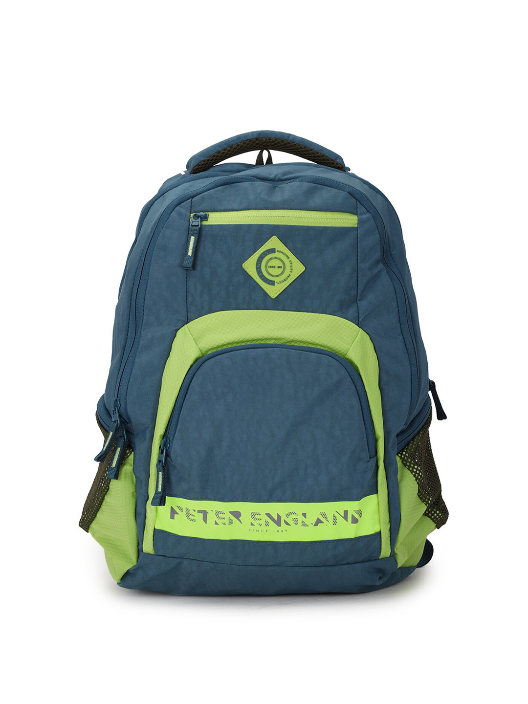Buy Peter England Men Blue & Lime Green Colourblocked Backpacks
