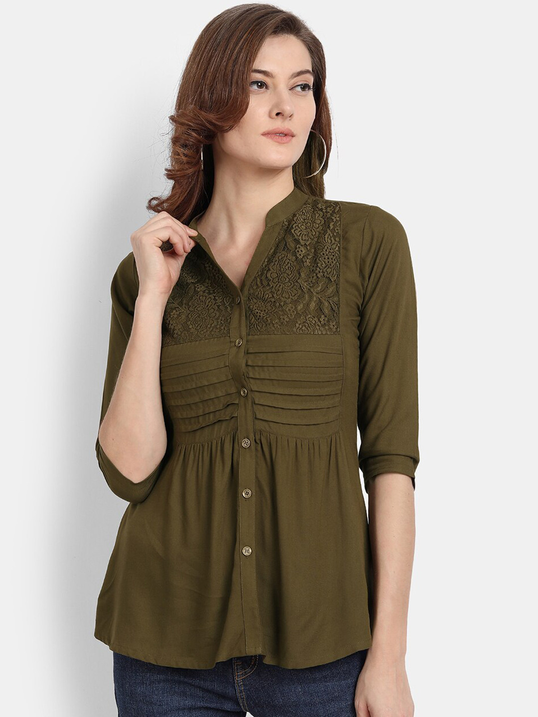 Women Olive Green Self Design Ruffles Georgette Top