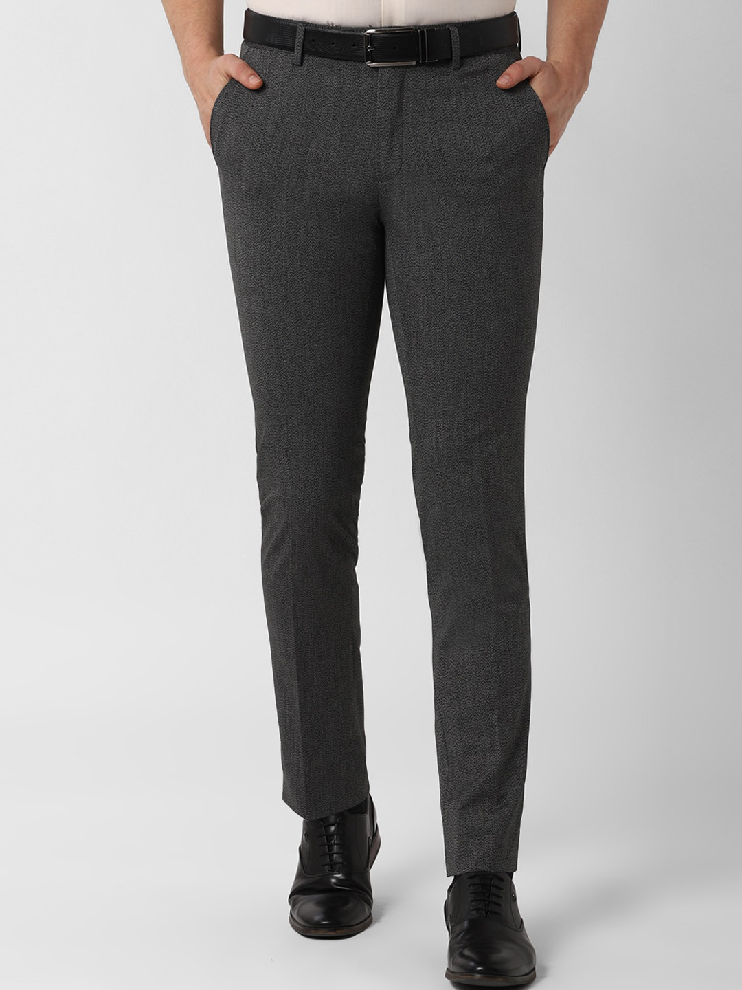 Buy Peter England Elite Men Grey Slim Fit Self Design Formal Trousers ...