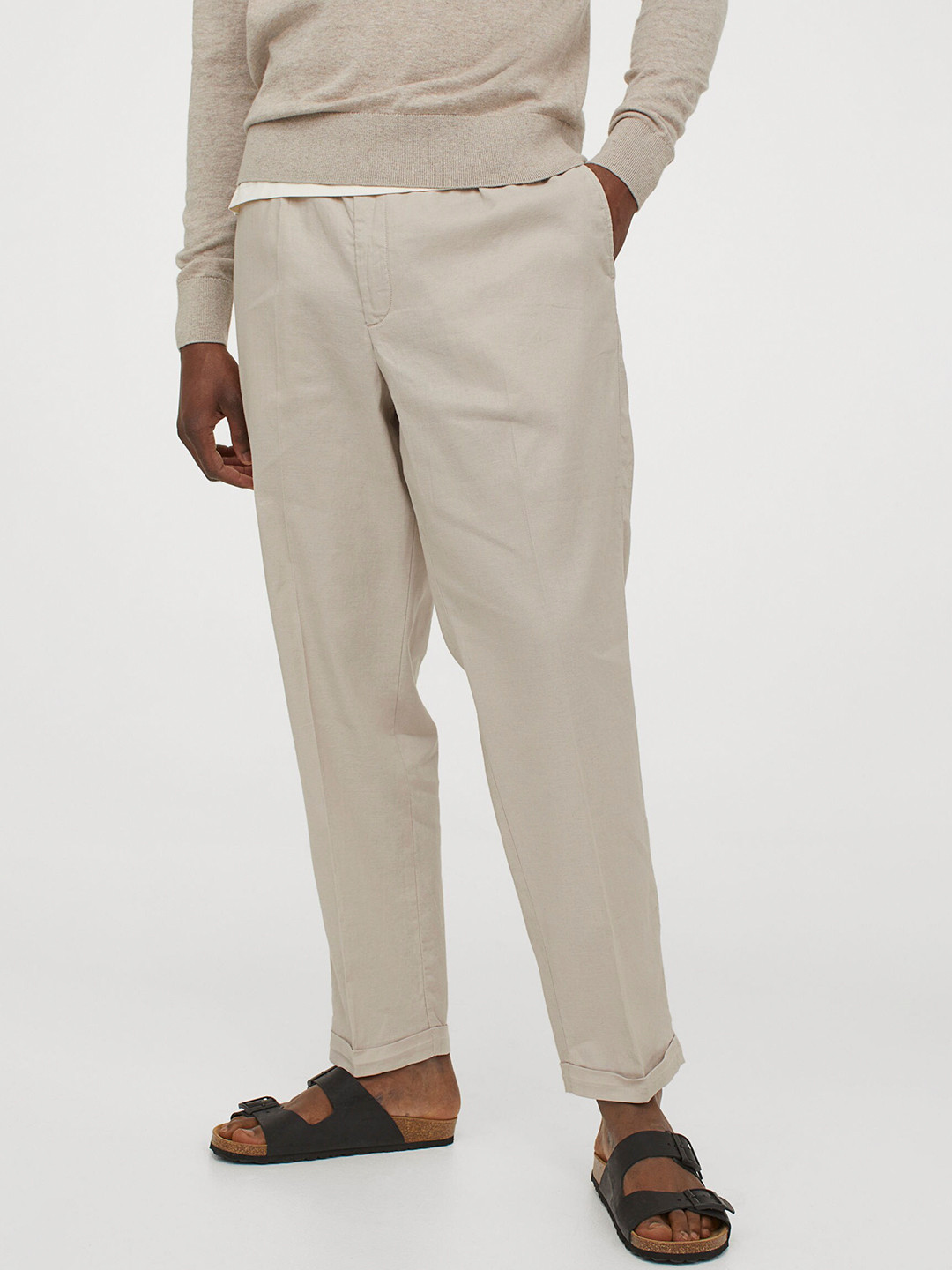 Buy H&M Men Beige Solid Regular Fit Linen Mix Joggers Trousers for