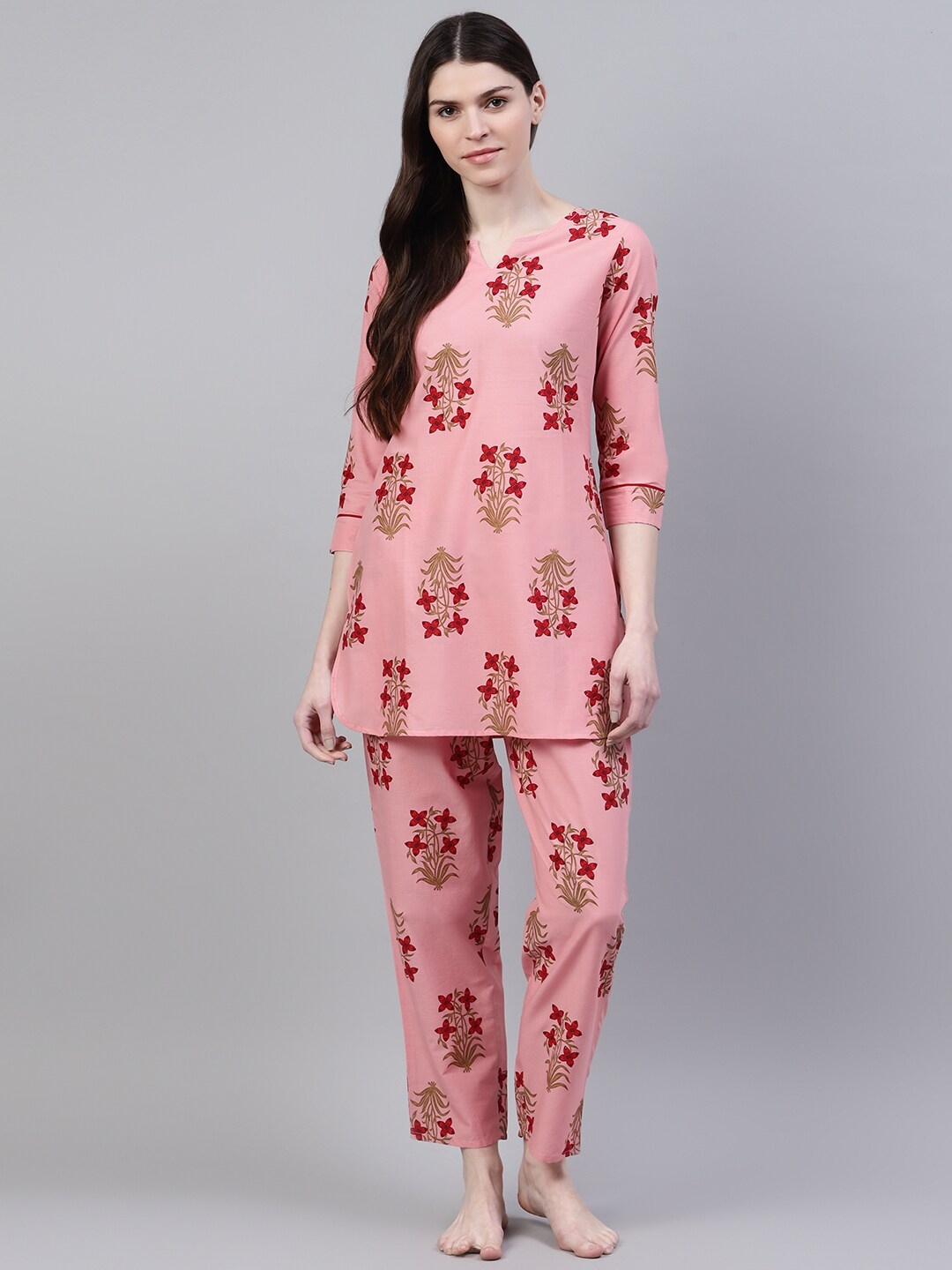 Buy Stylum Women Peach Floral Printed Pure Cotton Night Suit - Night ...