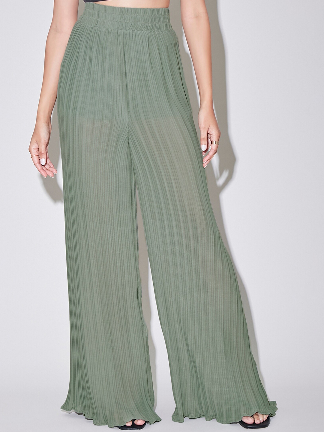Buy FOREVER 21 Women Green Striped Parallel Trousers Parallel Trousers ...
