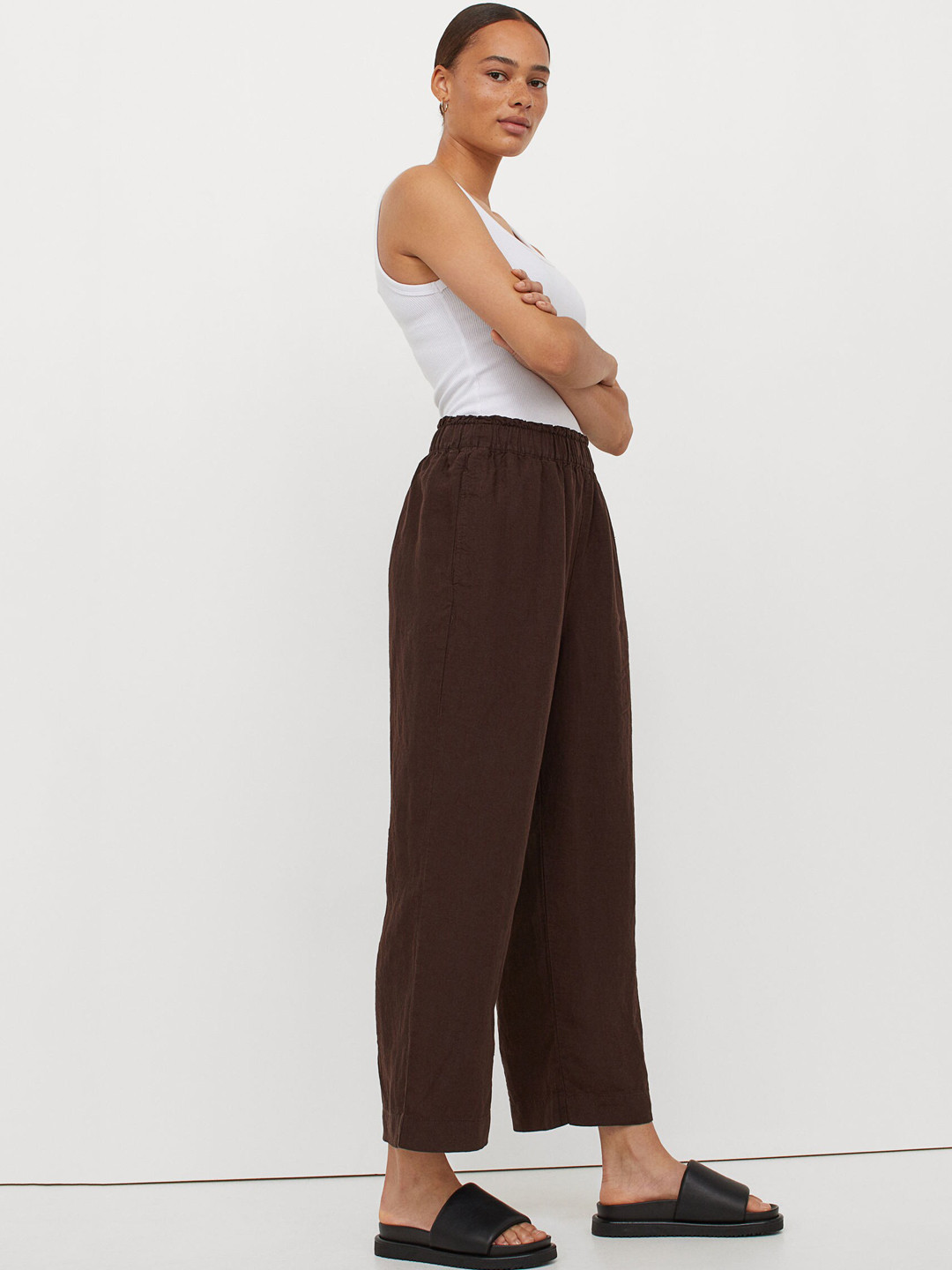 Buy H&M Brown Cropped Linen Trousers Trousers for Women 14526572 Myntra