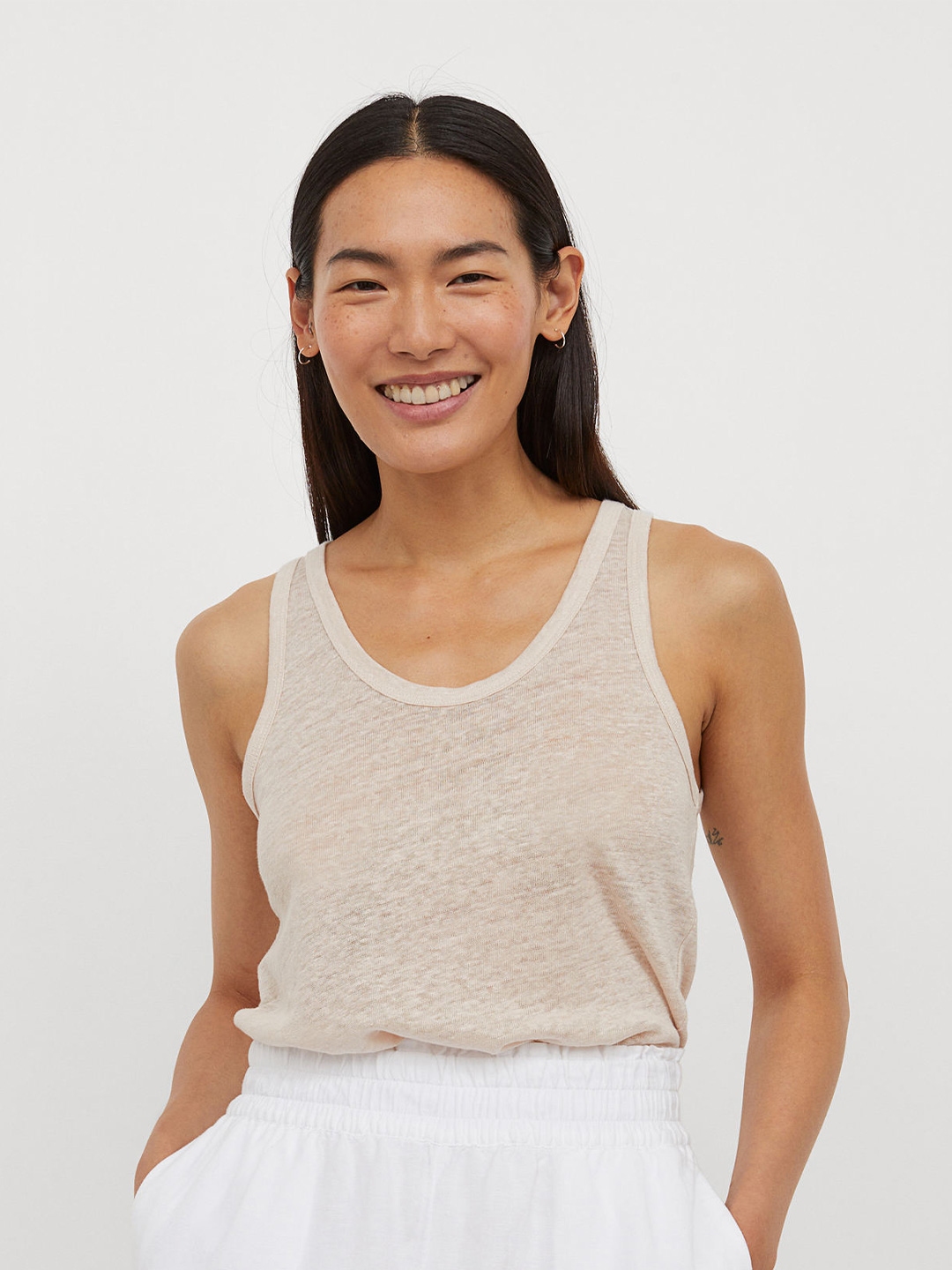 Buy H&M Women Beige Pure Linen Jersey Vest Top Tops for Women