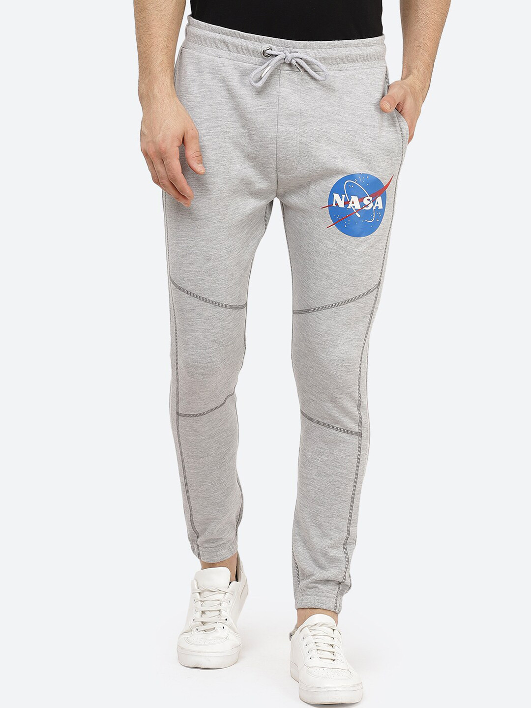 Buy Free Authority Men Grey Melange Nasa Graphic Printed Pure Cotton
