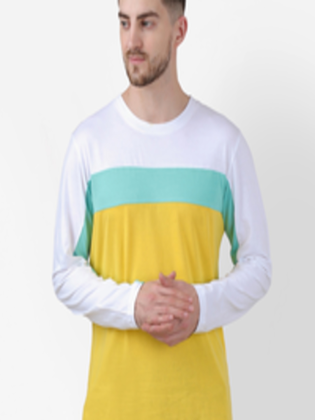 Buy PAUSE SPORT Men White & Yellow Colourblocked Slim Fit T Shirt ...