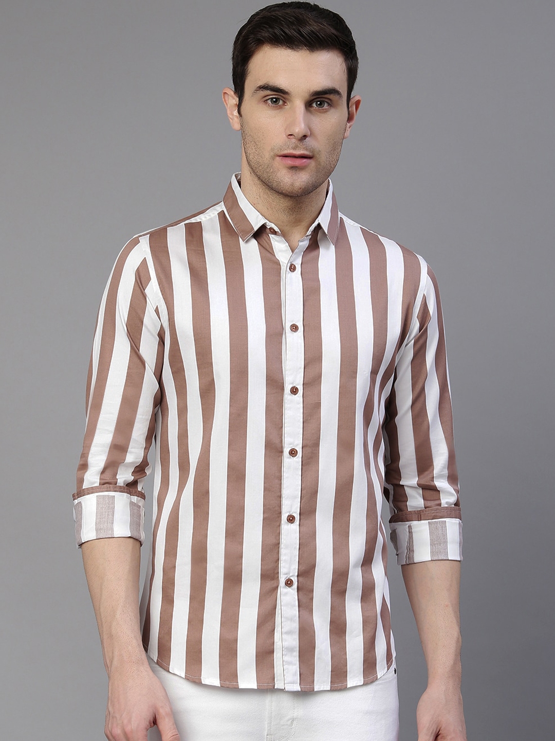 Buy Dennis Lingo Men Pink Cotton Vertical Striped Slim Fit Casual Shirt ...