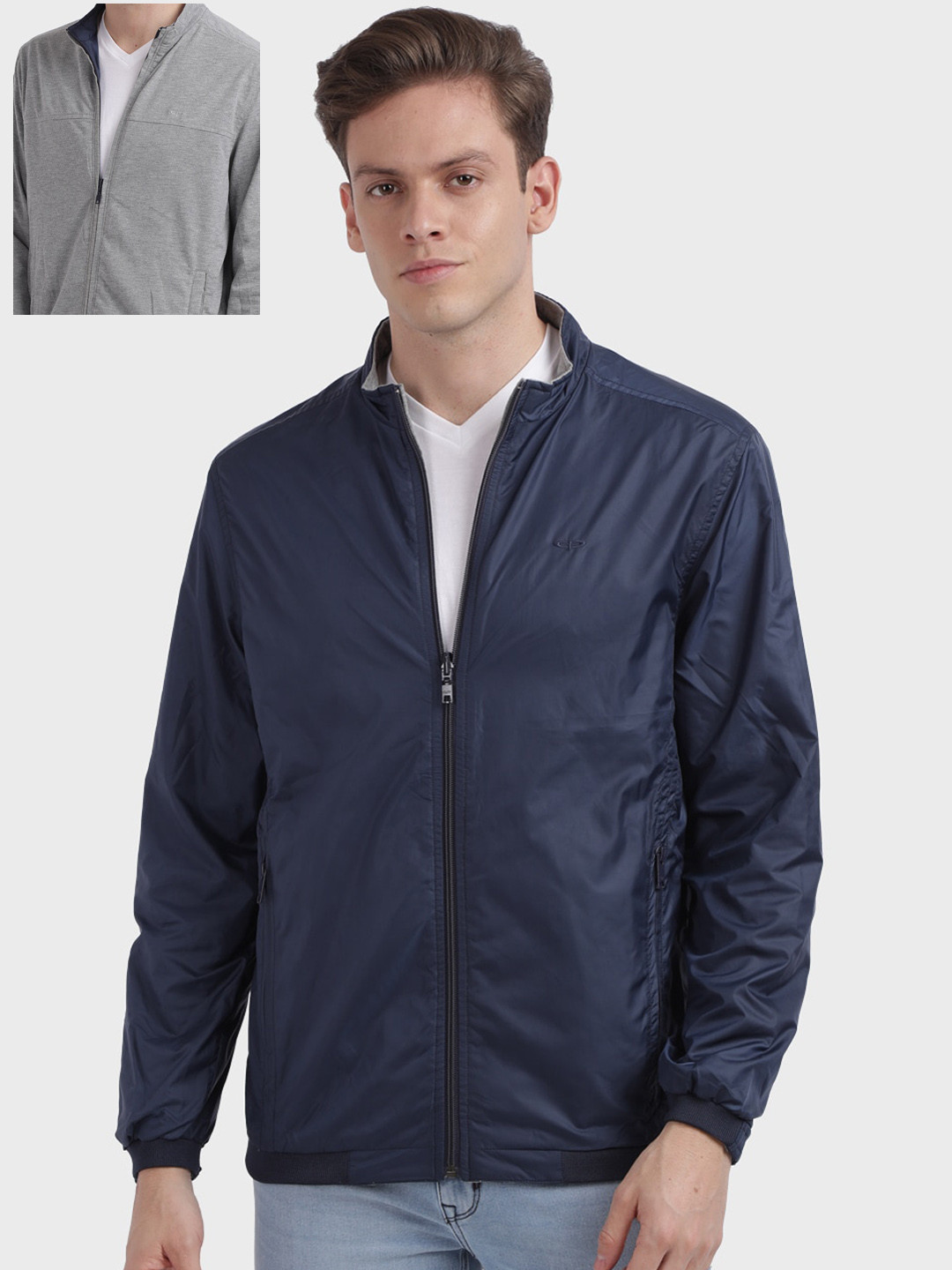 Buy ColorPlus Men Blue Checked Reversible Bomber Jacket Jackets for