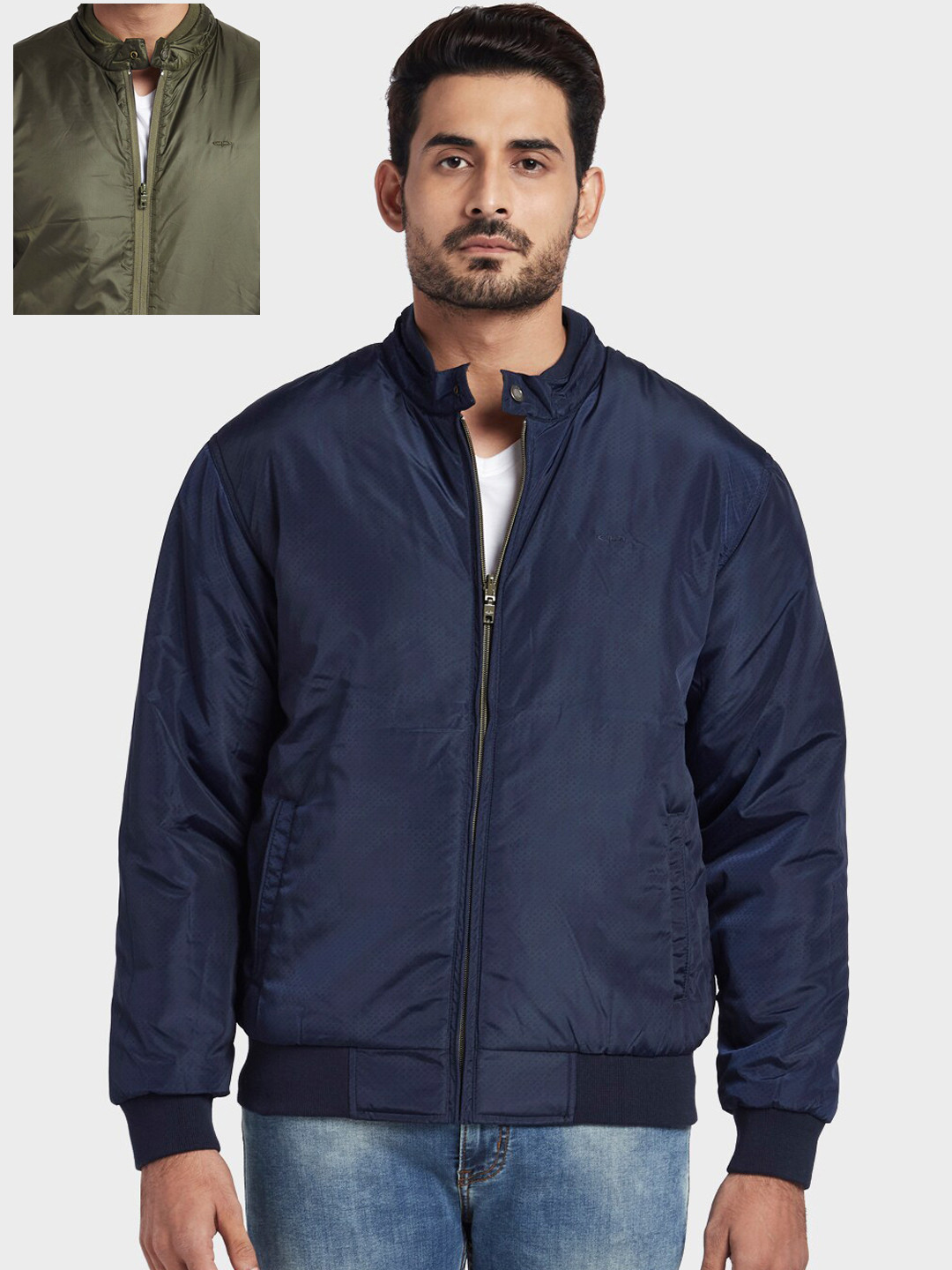 Buy ColorPlus Men Navy Blue Geometric Reversible Crop Bomber Jacket