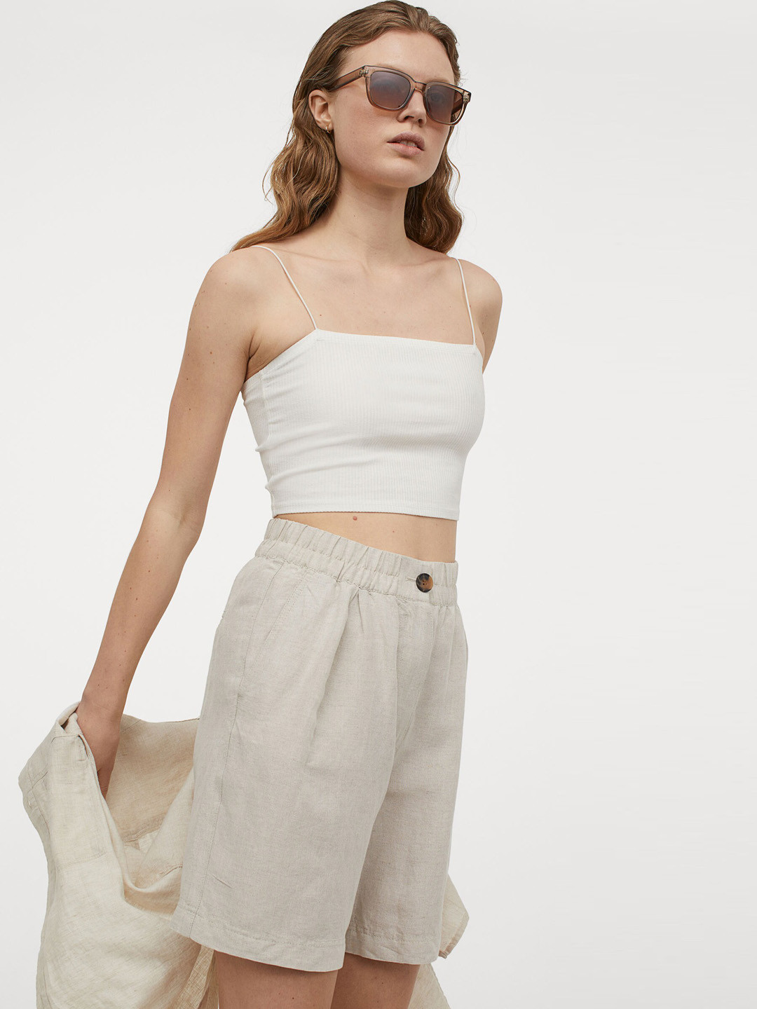 Buy H&M Women Beige Solid Linen Blend Bermuda Shorts Shorts for Women