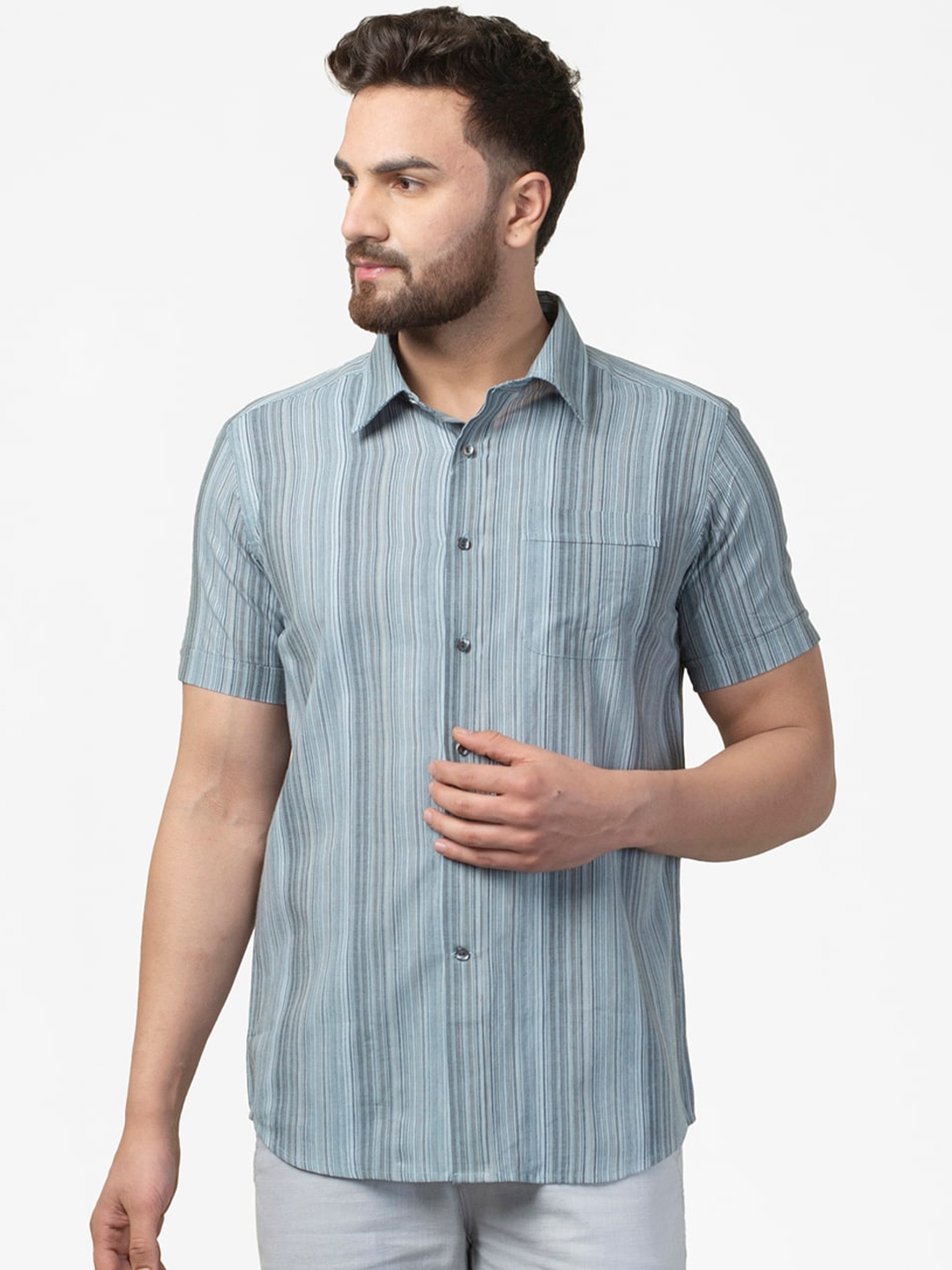Buy Fabindia Men Grey Striped Cotton Casual Shirt - Shirts for Men ...