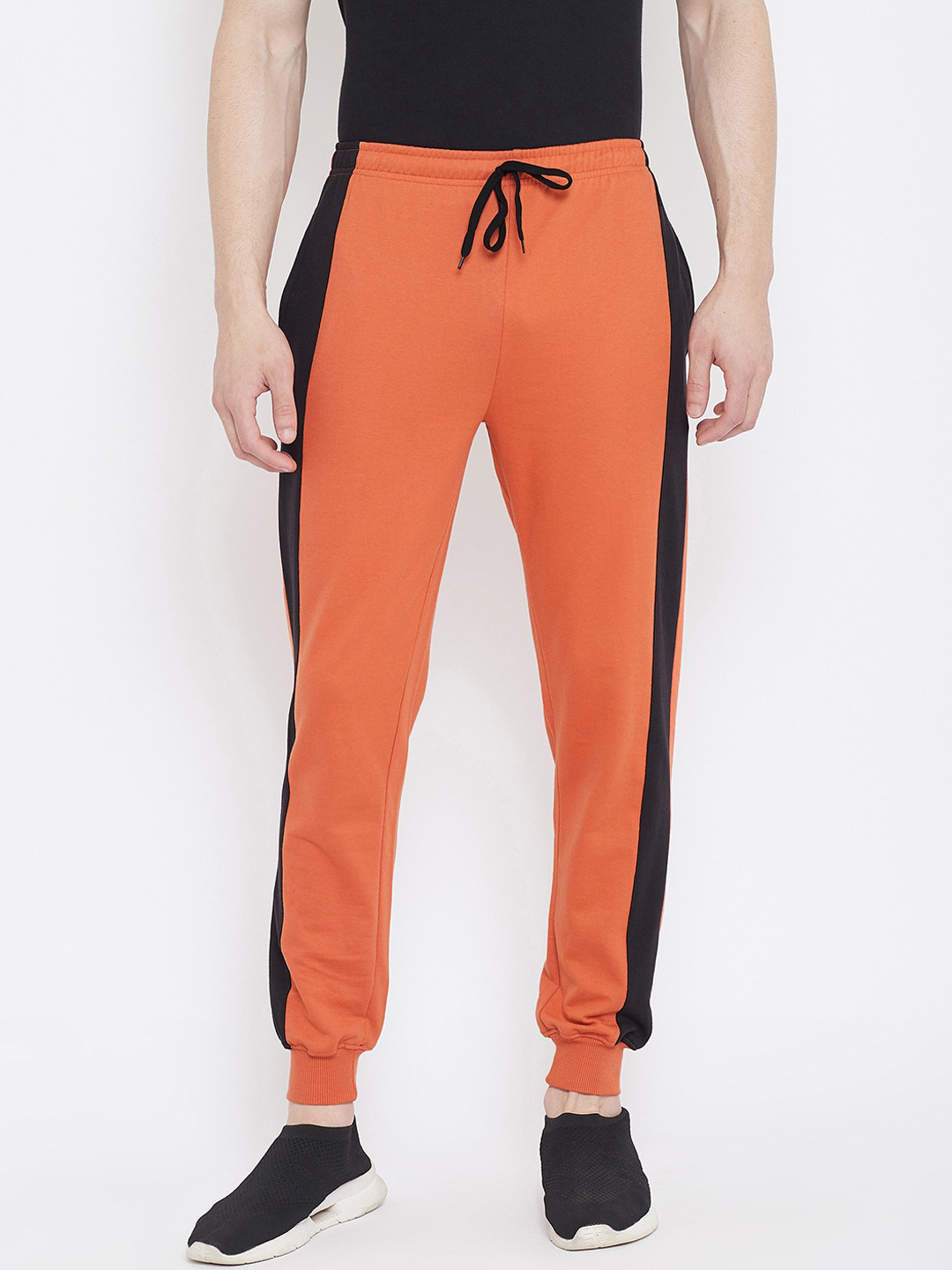 Buy Rodzen Men Orange & Black Solid Cotton Slim Fit Joggers Track