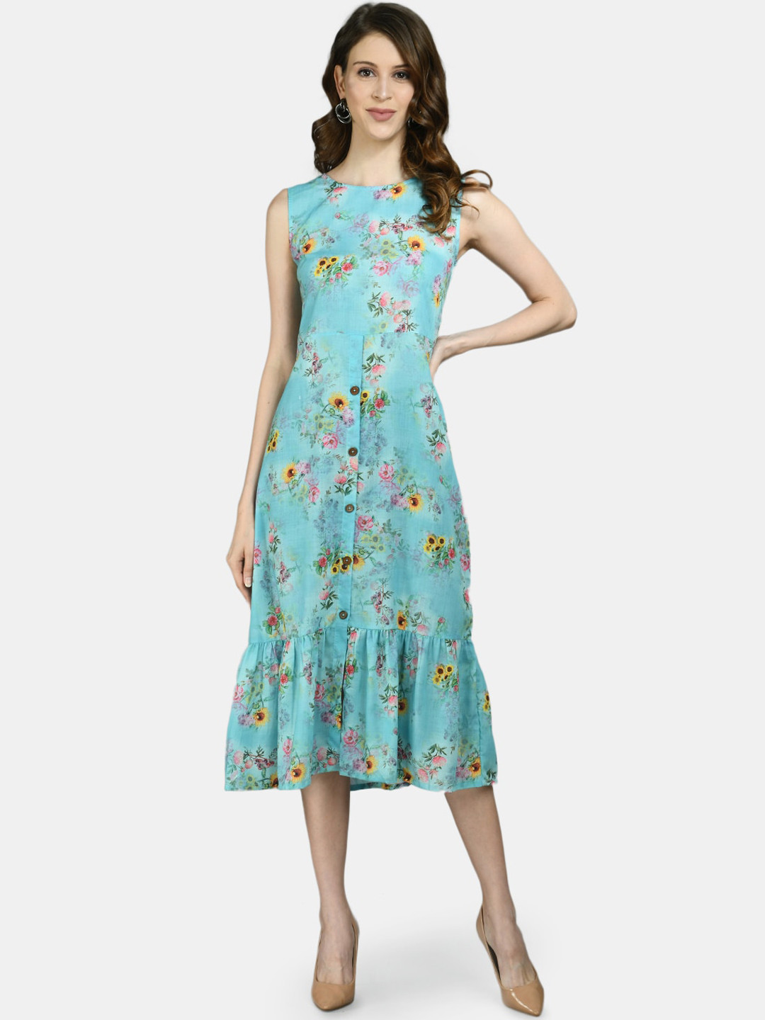 Buy Myshka Multi Floral Printed Sleeveless Midi A Line Dress Ethnic