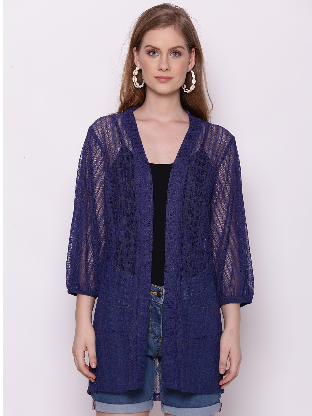 Buy Zink London Women Navy Blue Self Design Shrug Shrug for Women