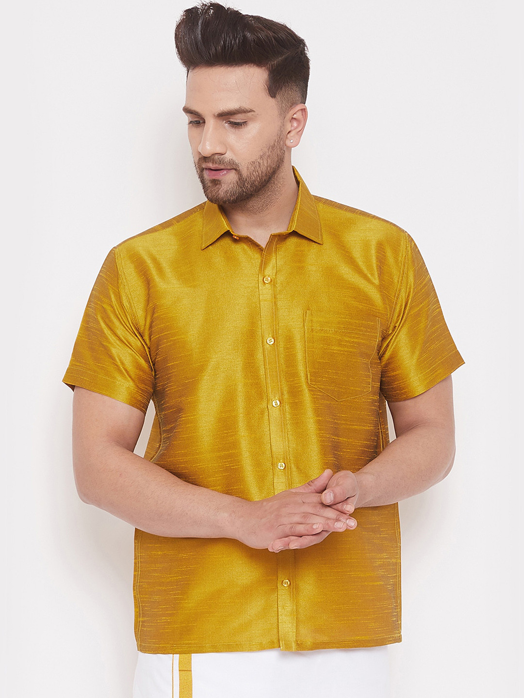 mustard silk shirt