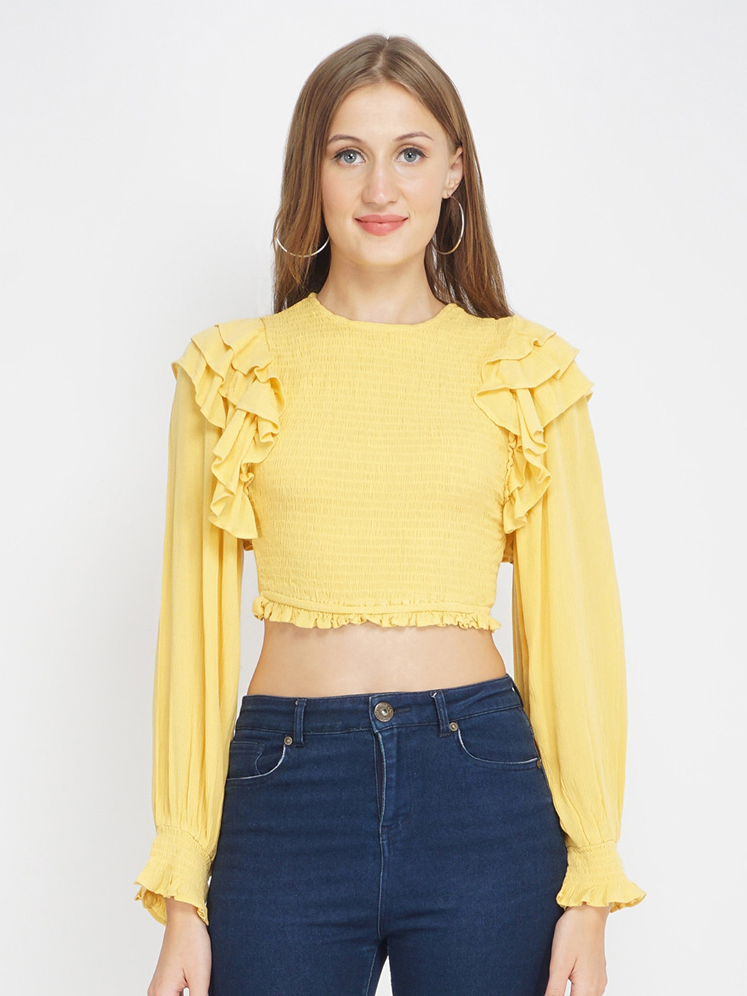 Buy Oxolloxo Yellow Ruffles Crepe Fitted Crop Top Tops for Women