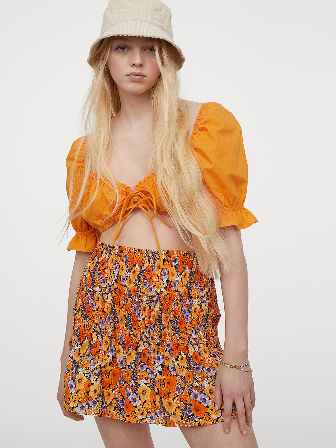 Buy H&M Orange & Black Floral Printed Smocked Skirt Skirts for Women