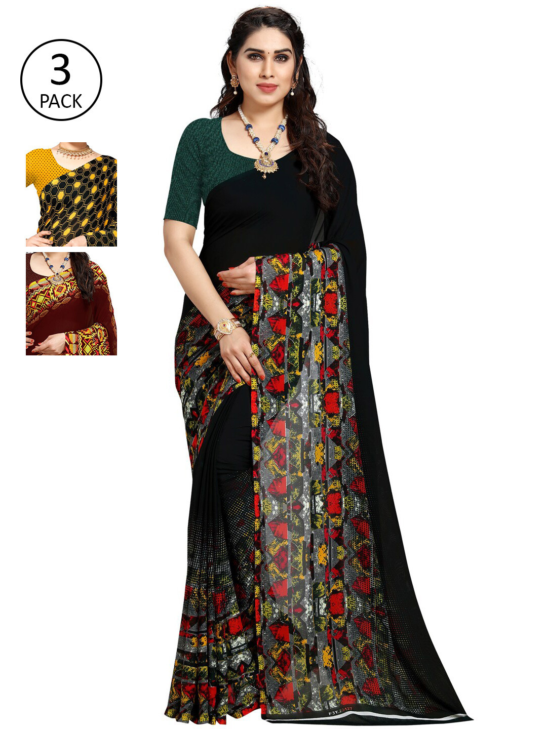 Buy KALINI Yellow Black Pack Of 3 Saree Sarees For Women 14605878 Myntra