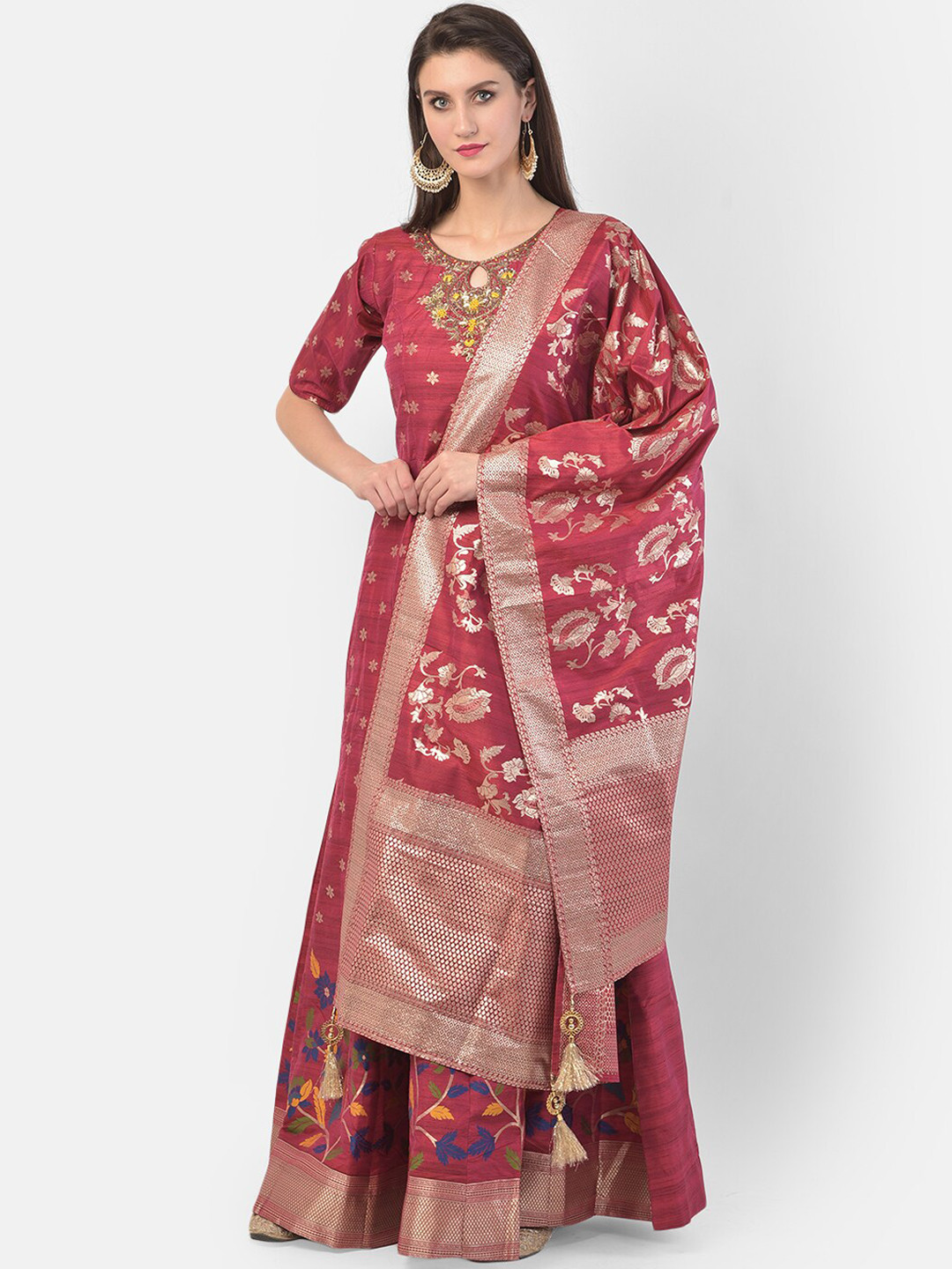 Pink Striped Keyhole Neck Kurta With Trousers & Dupatta