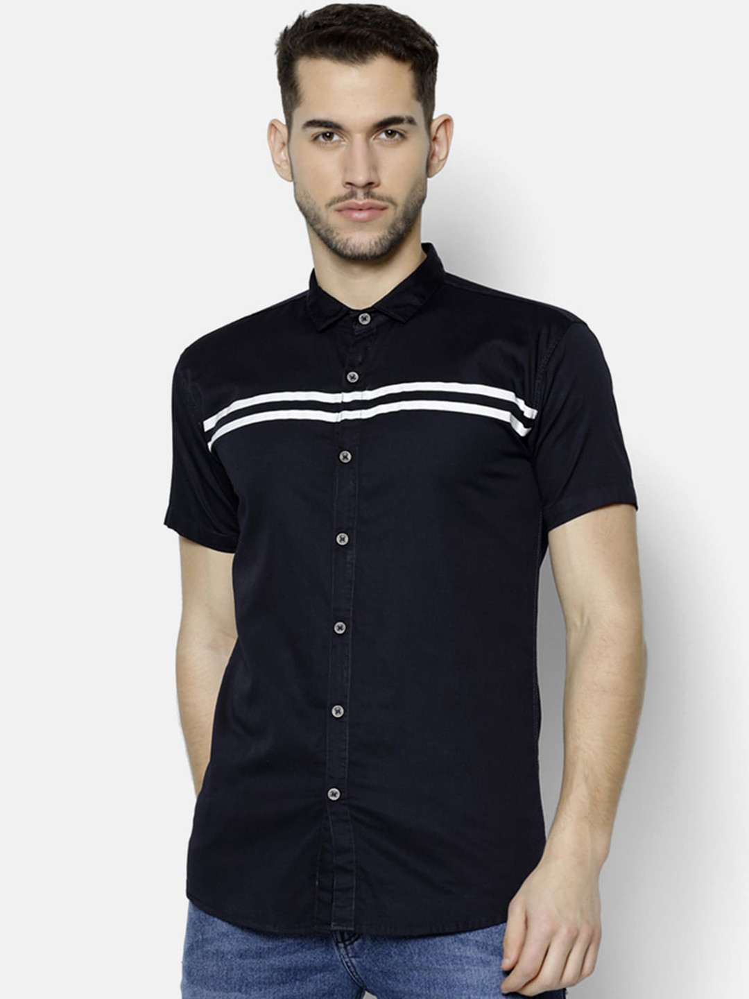Men's Navy Blue Classic Horizontal Striped Cotton Casual Shirt