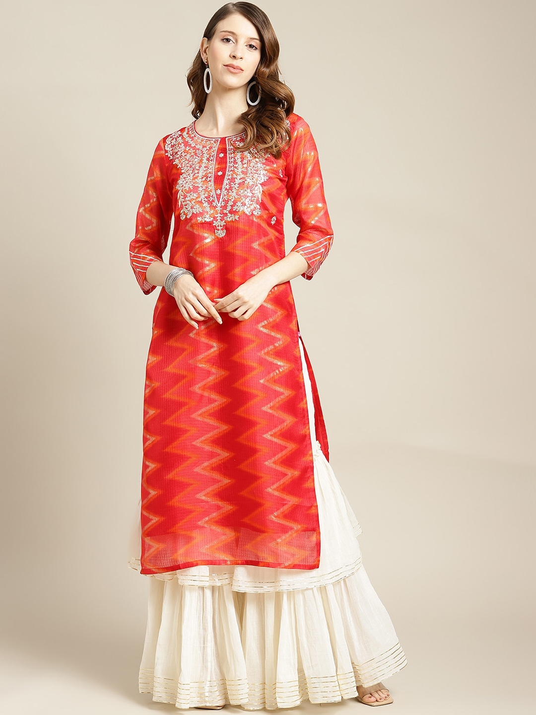 Buy Varanga Women Red Thread Work Cotton Kurta - Kurtas for Women ...