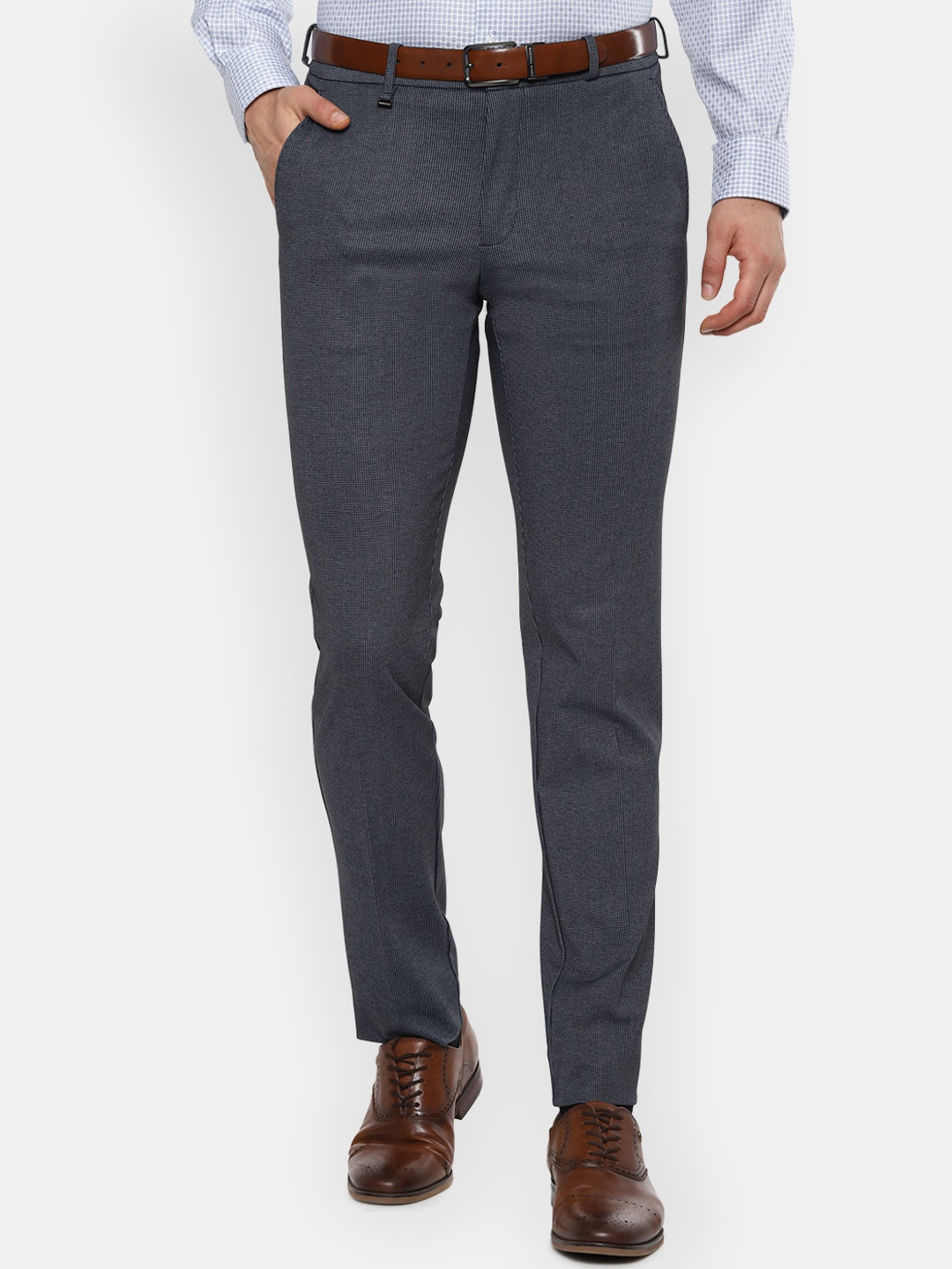 Buy Van Heusen Men Blue Textured Slim Fit Formal Trousers Trousers