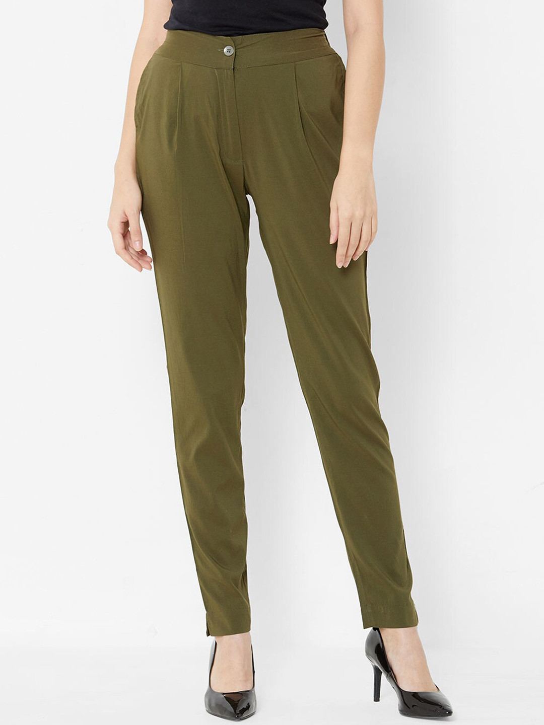 Buy ZOLA Women Olive Green Straight Fit Pleated Trousers - Trousers for ...