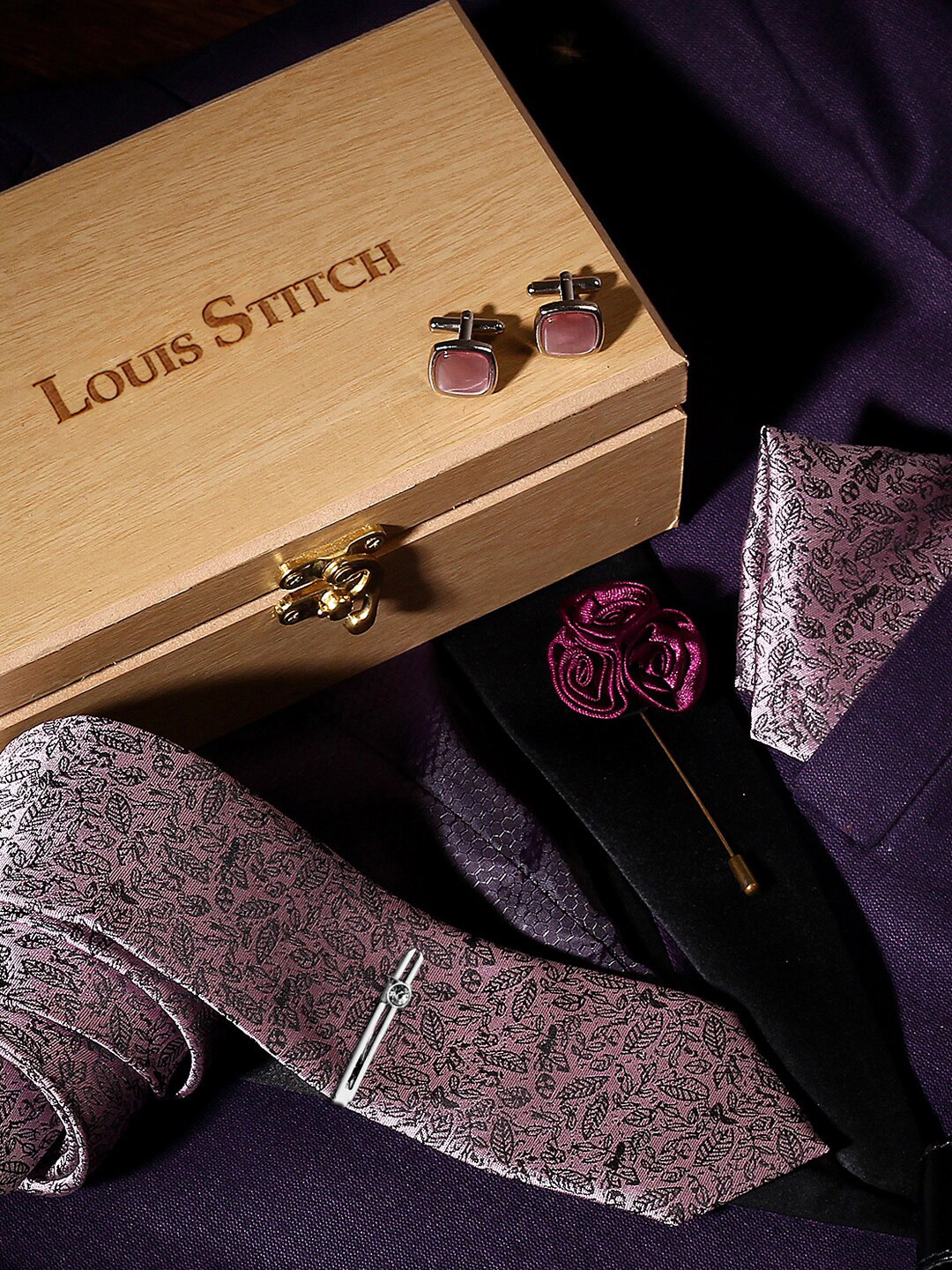 Buy LOUIS STITCH Men Pink Tie Cufflinks Pocket Square & Brooch
