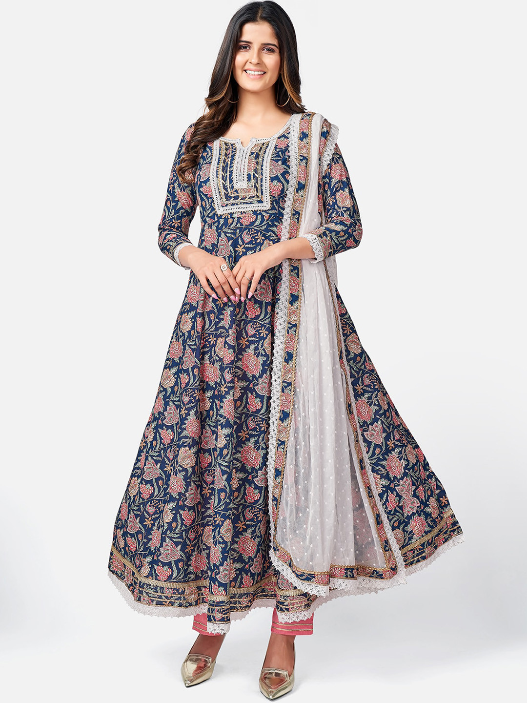 Women Navy Blue Rayon Floral Printed Kurta with pant & dupatta