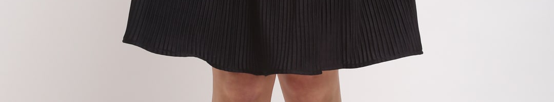Buy NEUDIS Women Black Solid Accordion Pleat Flared Knee Length Skirt ...