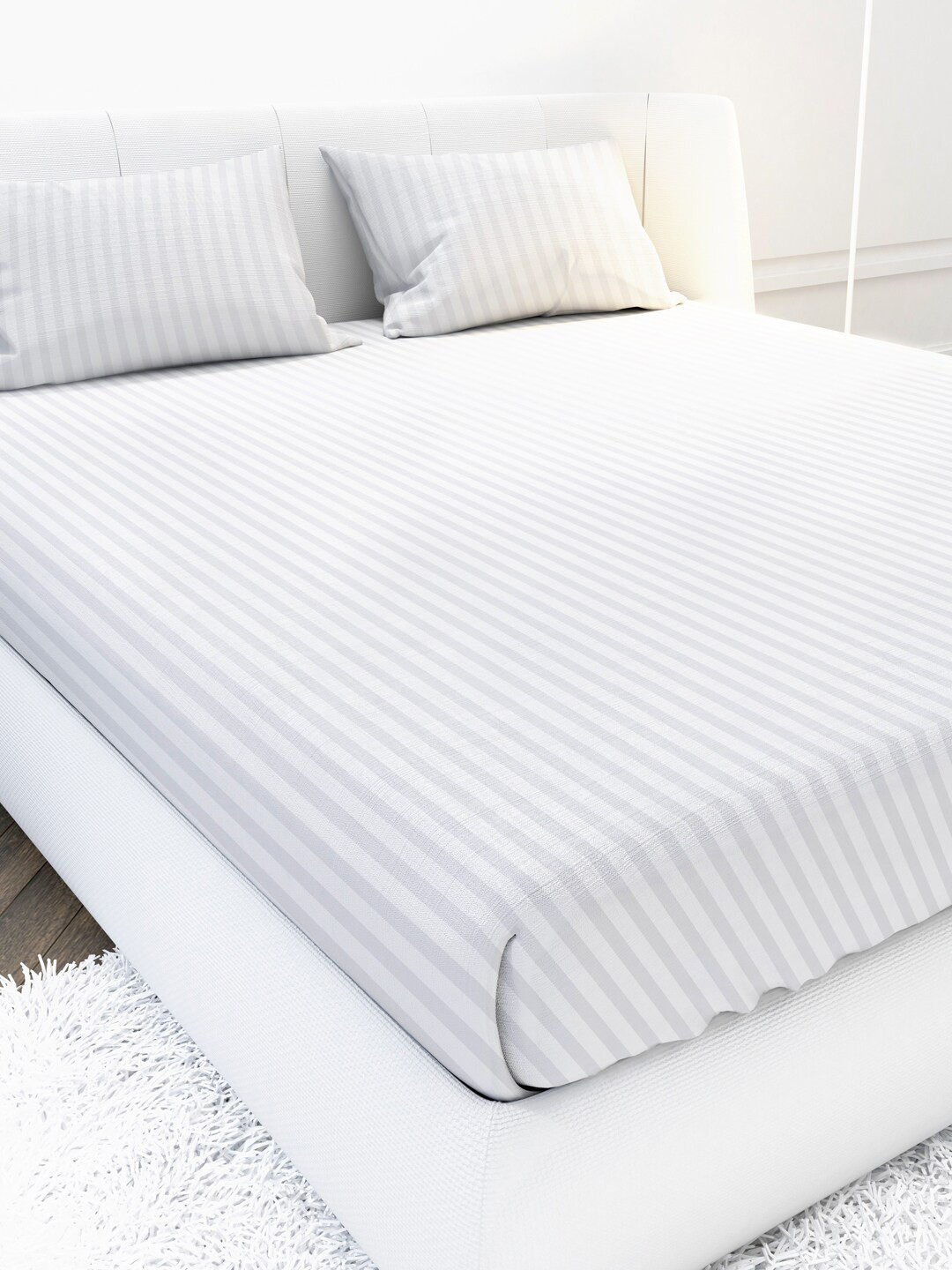 Buy MAYFAIR HOMES LONDON White & Grey Striped 210 TC Queen Bedsheet