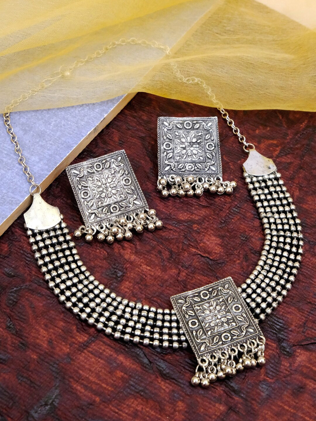 Buy Crunchy Fashion Oxidised Silver Plated Beaded Jewellery Set