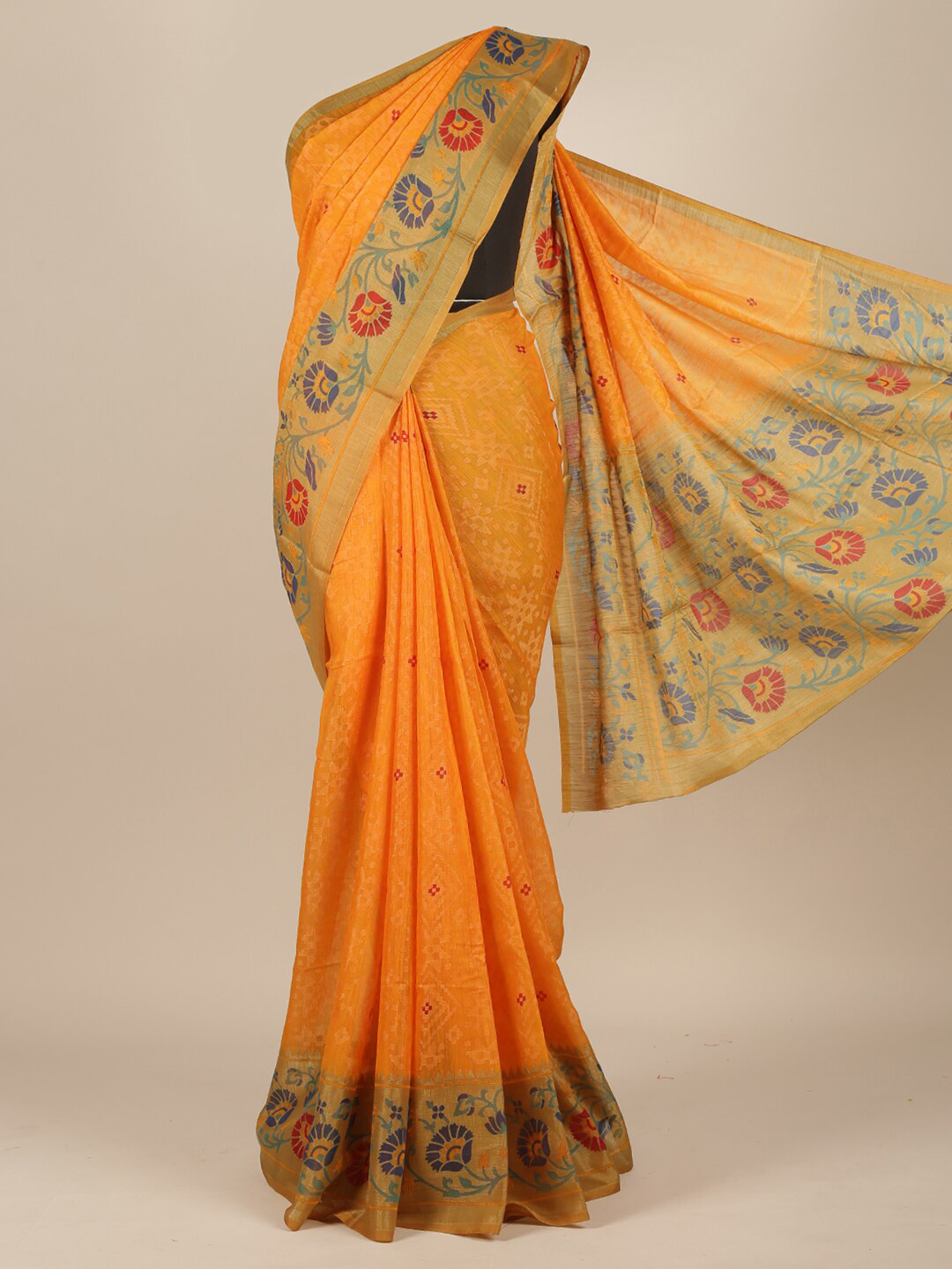 Buy Pothys Orange Floral Jute Silk Mysore Silk Saree Sarees for Women