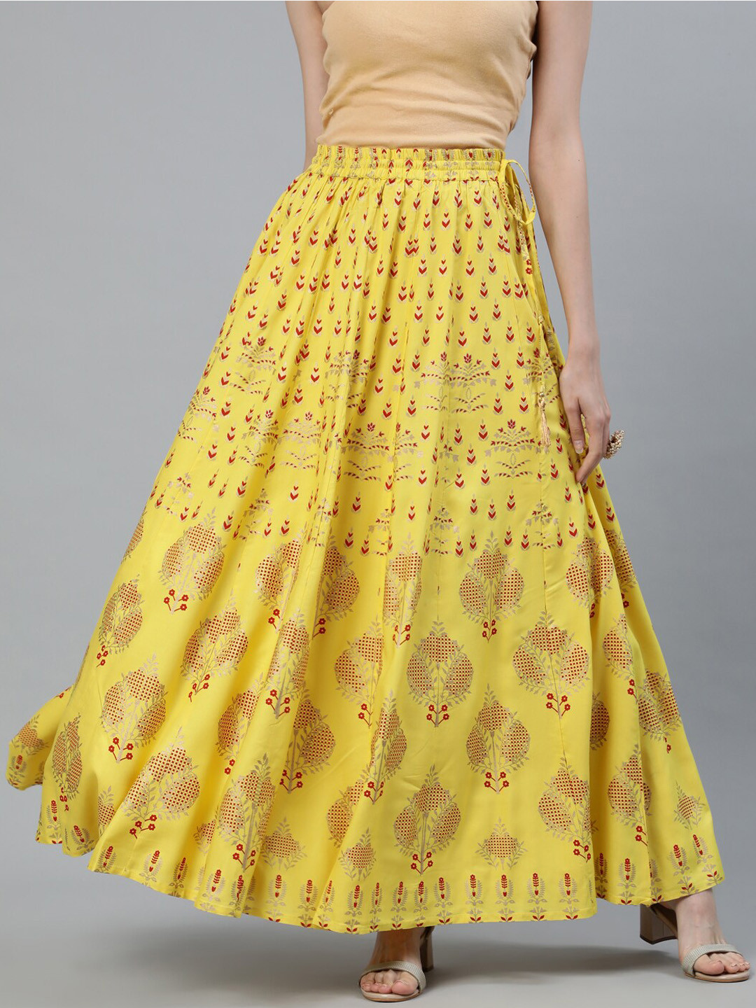 Buy Jaipur Kurti Yellow & Red Printed Flared Maxi Skirt Skirts for