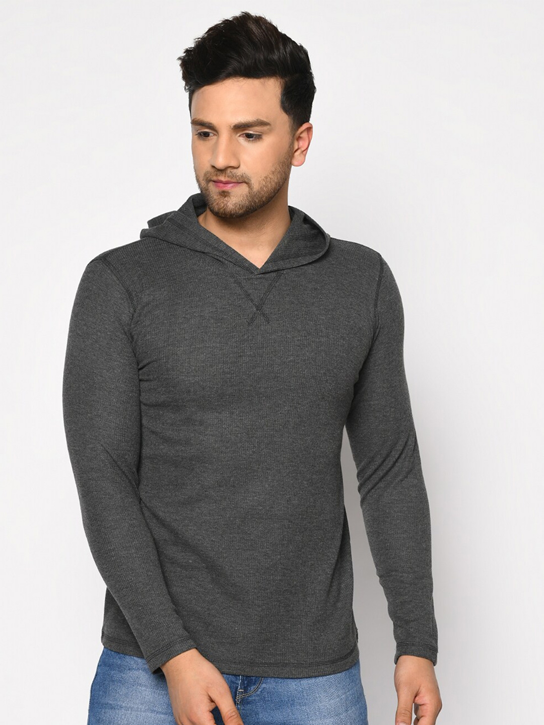 Buy ELEGANCE Men Charcoal Grey Solid Hooded T Shirt - Tshirts for Men ...