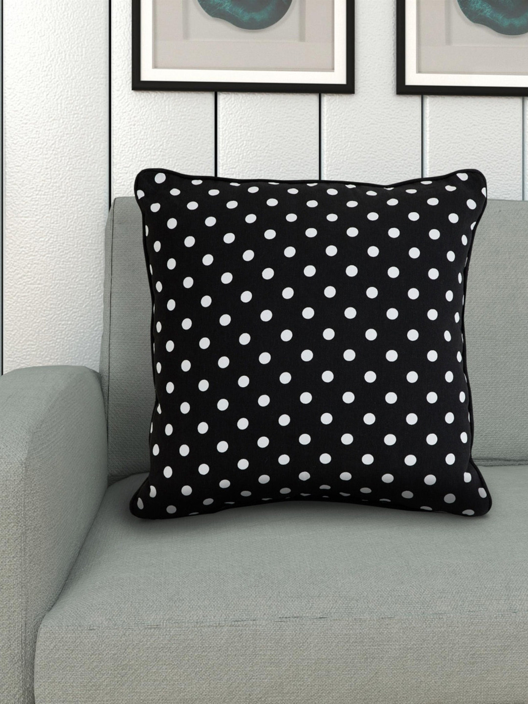 Buy Home Centre Black & White Polka Dot Printed Cotton Filled Cushion