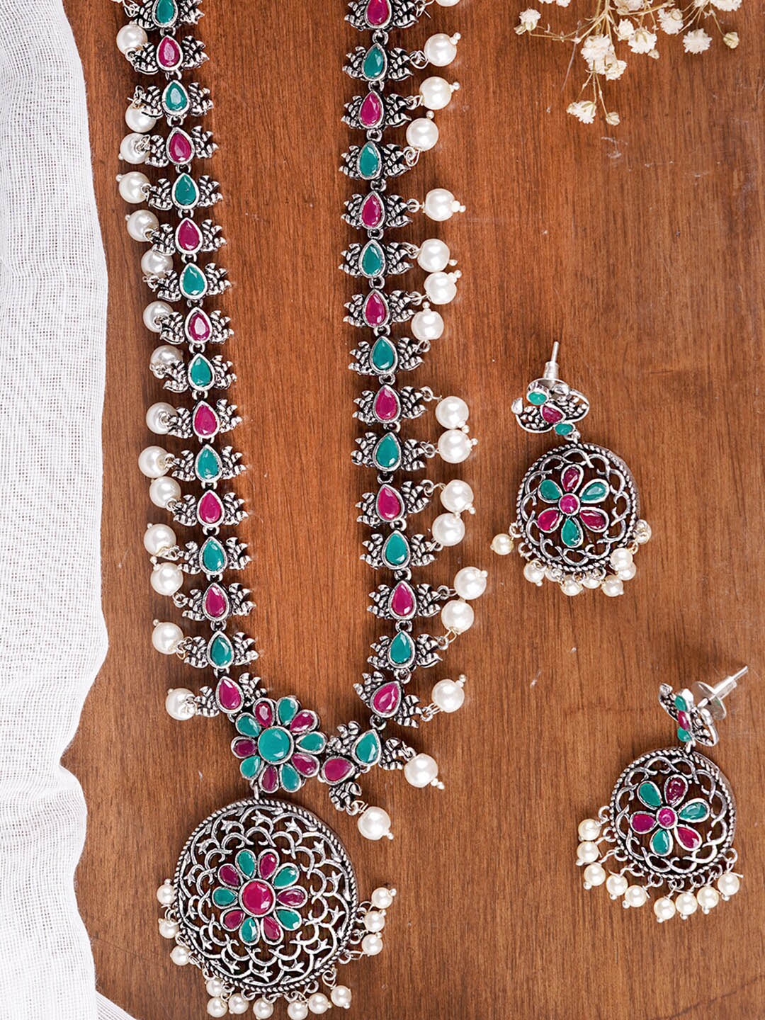 Buy TEEJH Oxidised Silver Plated Green Artificial Stones Studded Annika