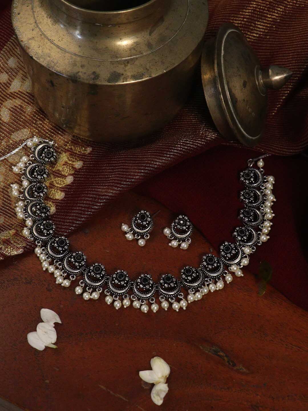 Buy TEEJH Oxidised Silver Plated Black & White Faux Stone Studded