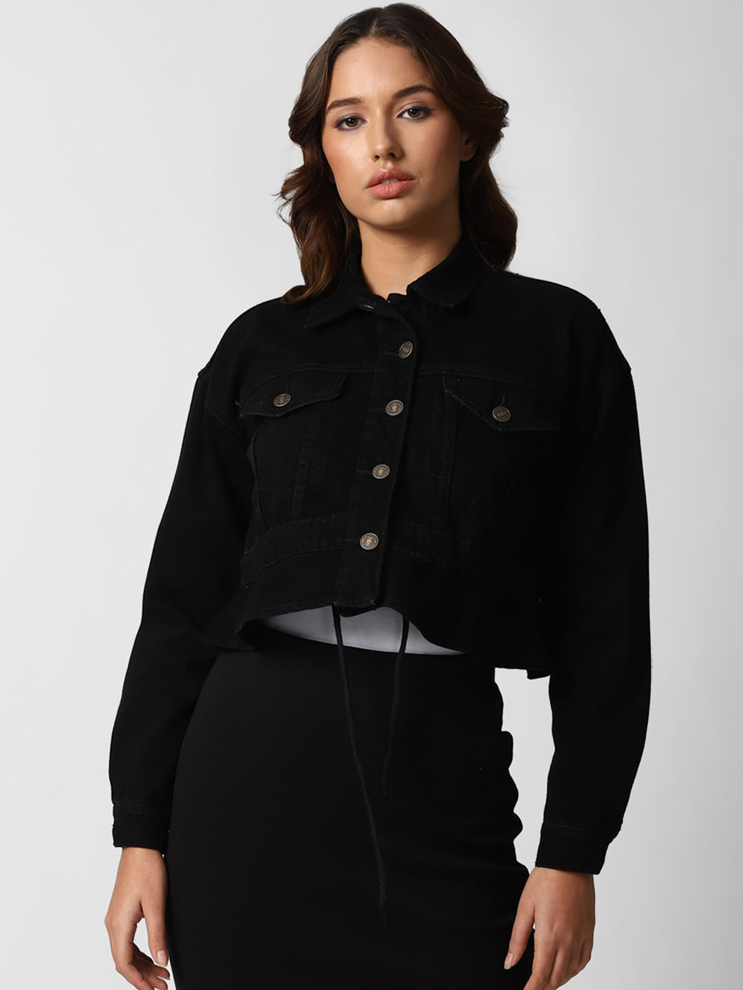 Buy FOREVER 21 Women Black Cropped Denim Tailored Jacket Jackets for