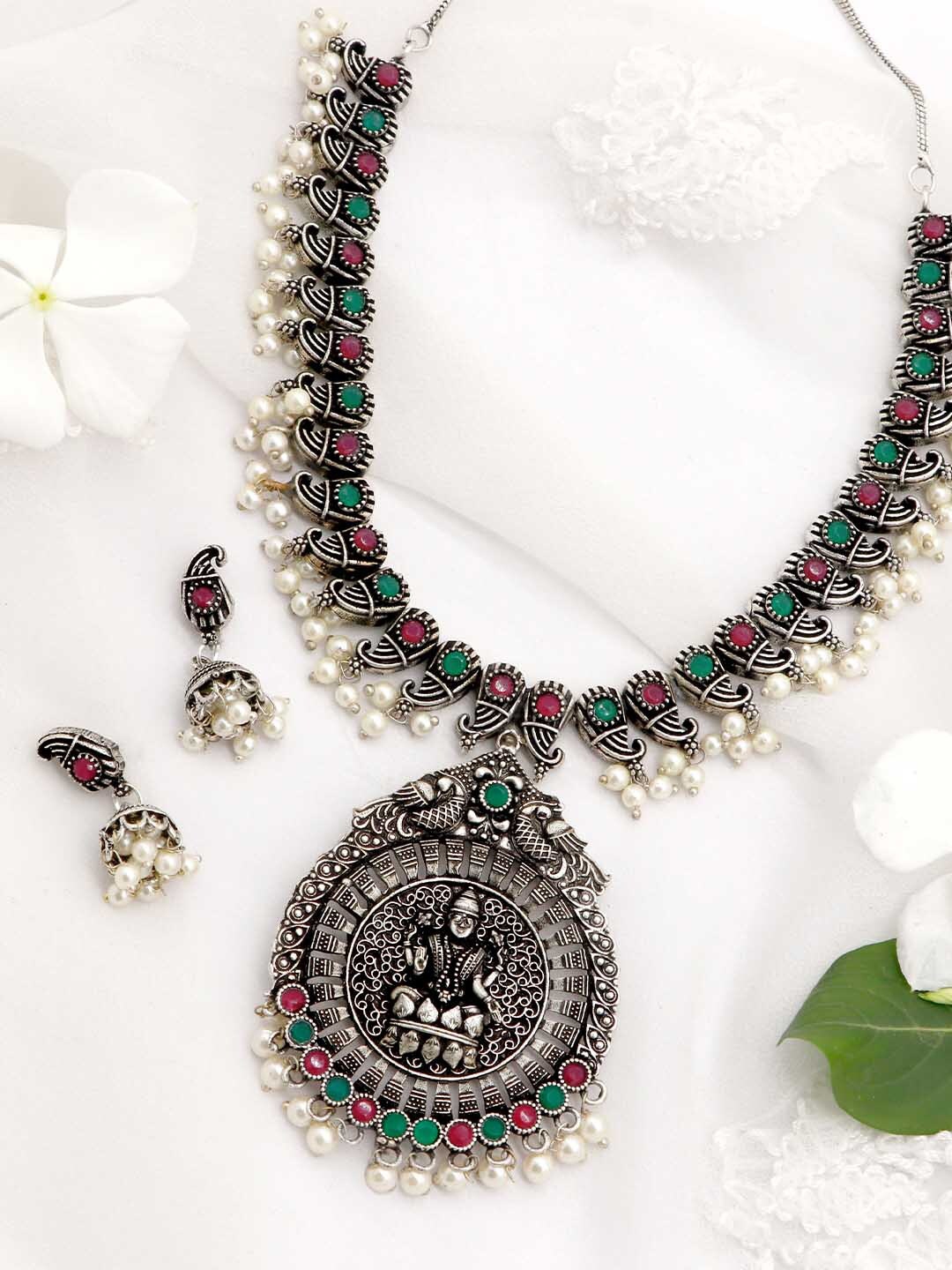 Buy TEEJH Oxidised Silver Plated Green Artificial Stone Studded Ikshan