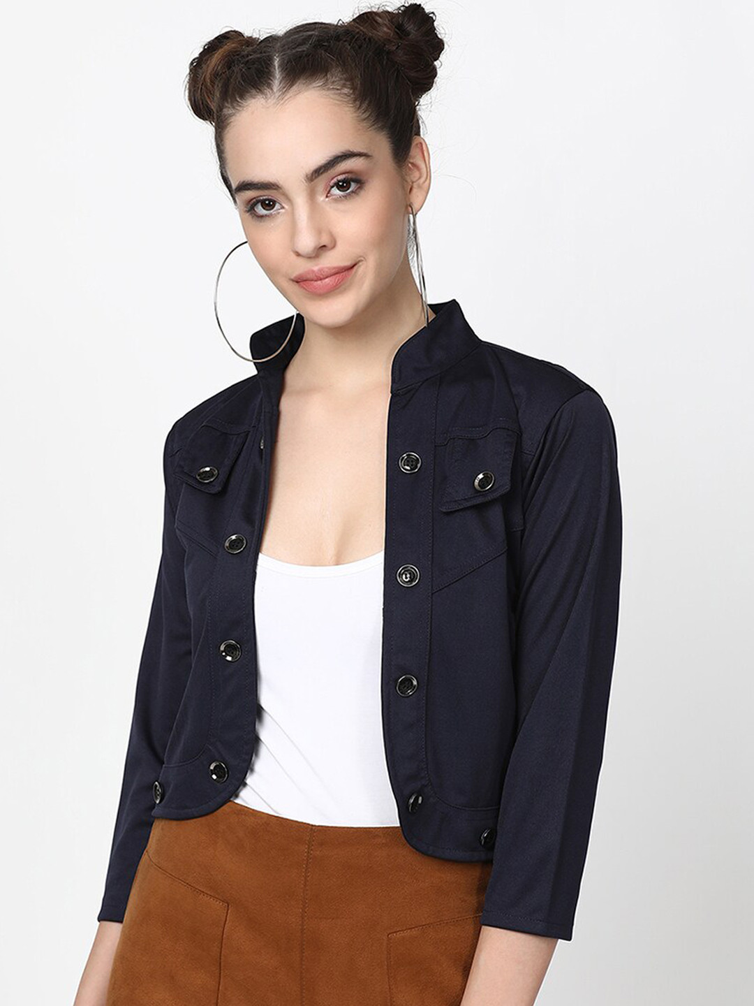 Buy V2 Value & Variety Women Navy Blue Crop Tailored Jacket Jackets