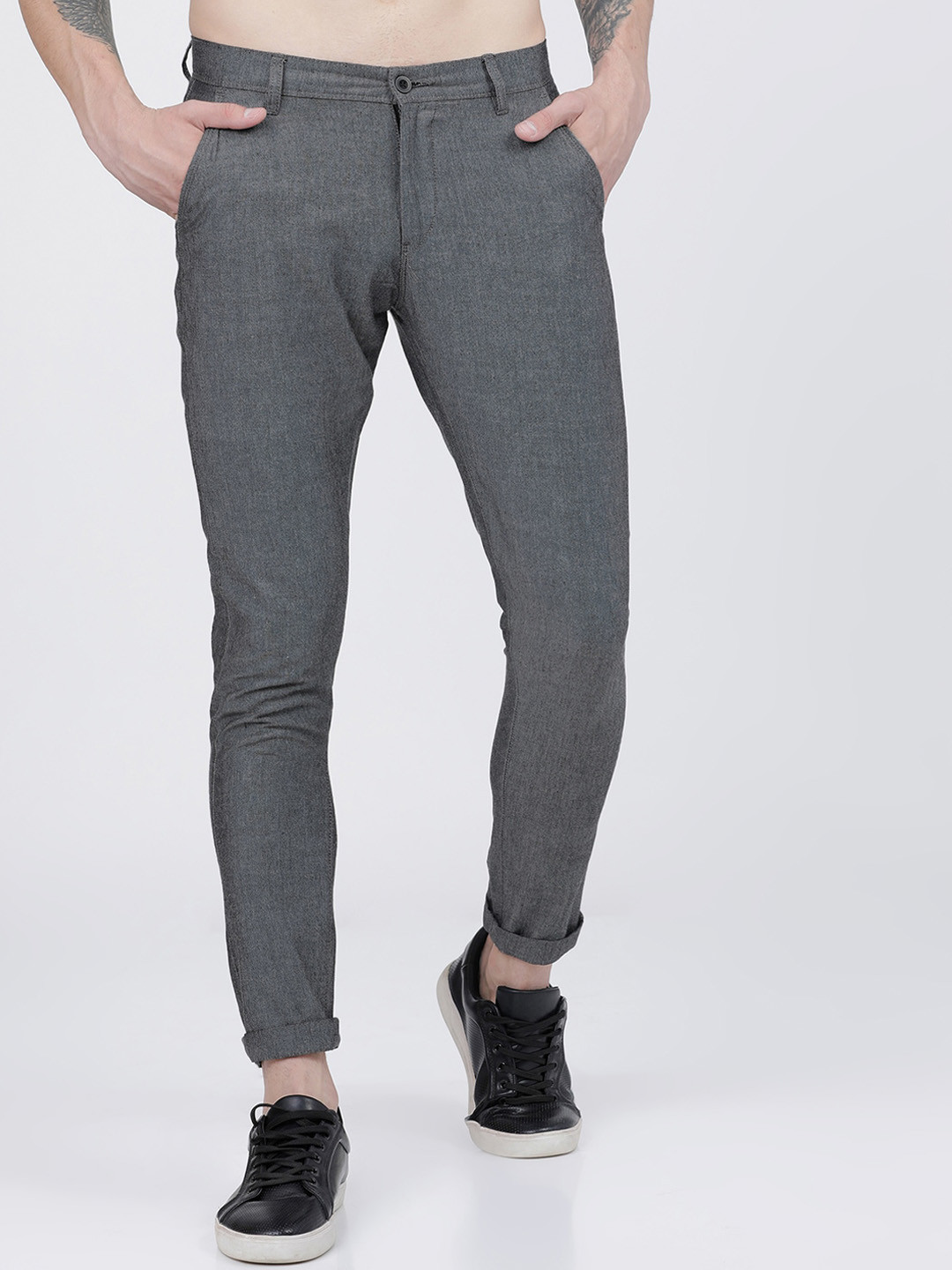 Buy HIGHLANDER Men Charcoal Grey Slim Fit Chinos Trousers - Trousers ...