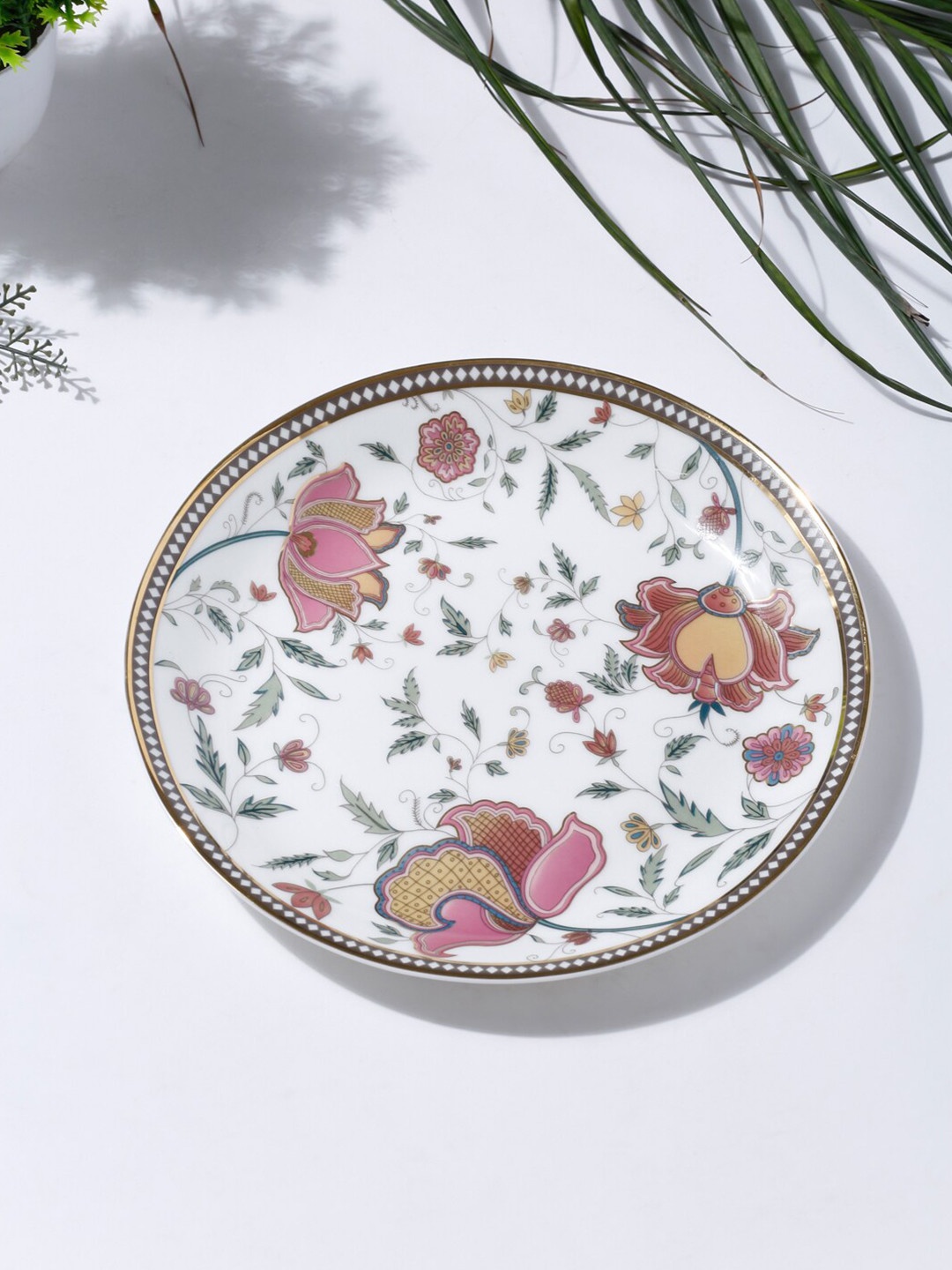 Buy Fabindia White & Pink Printed Zoya Decal Bone China Matte Plate