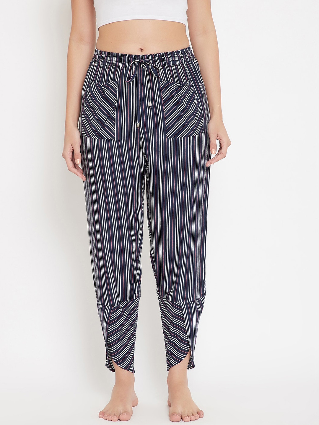 Buy Hypernation Women Navy Blue And White Striped Lounge Pants - Lounge ...