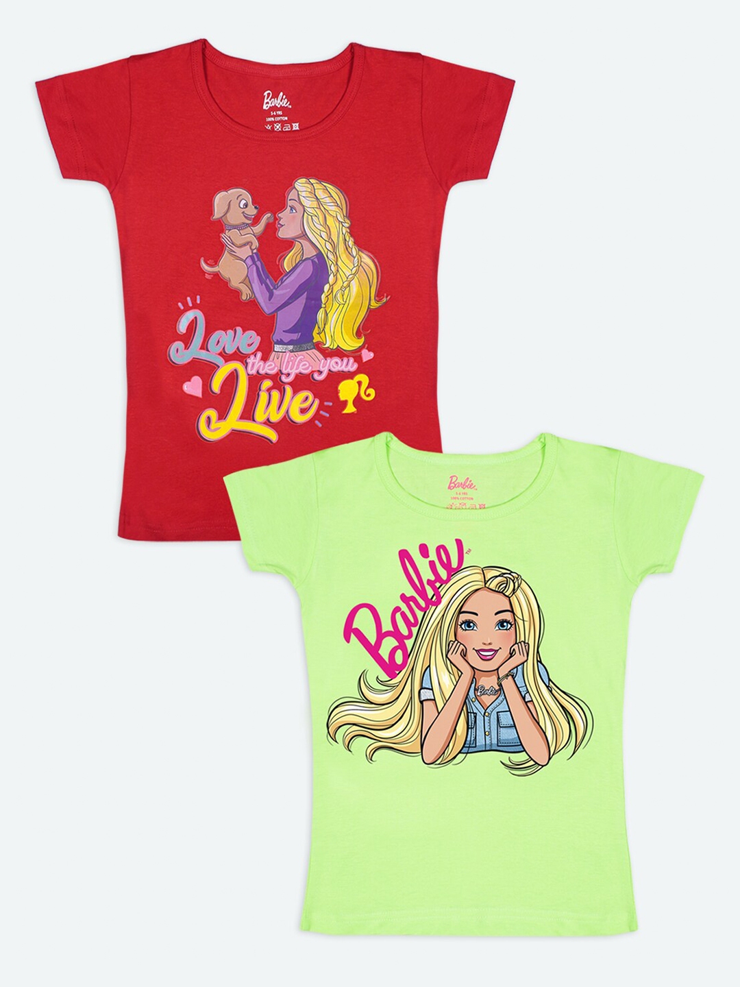 Buy Barbie Pack Of 2 Girls Lime Green Red Barbie Printed Pure Cotton T ...